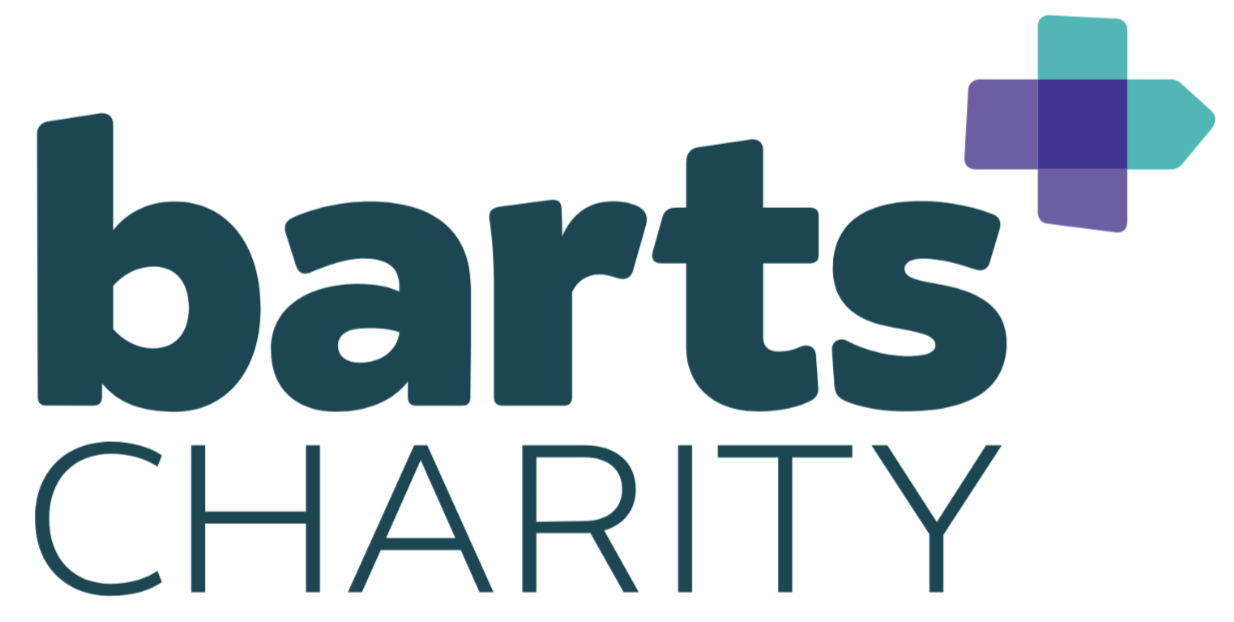 Barts charity logo with the word 'barts' in bold dark teal font and 'CHARITY' in smaller uppercase font below, accompanied by a purple and teal cross symbol in the top right corner.