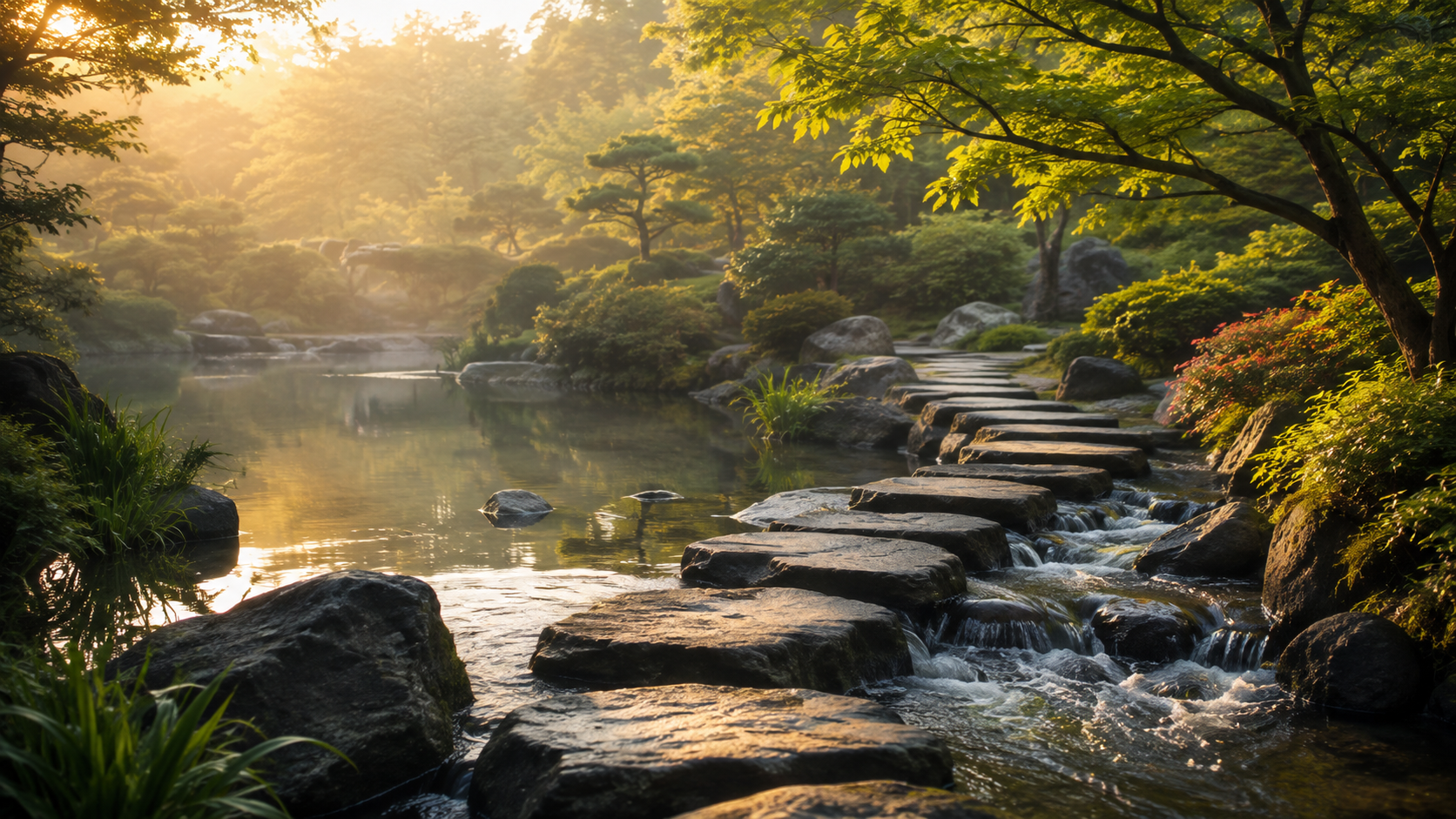 Serene garden scene with a stone pathway alongside a small flowing stream, surrounded by lush green trees and bushes, illuminated by warm sunlight.