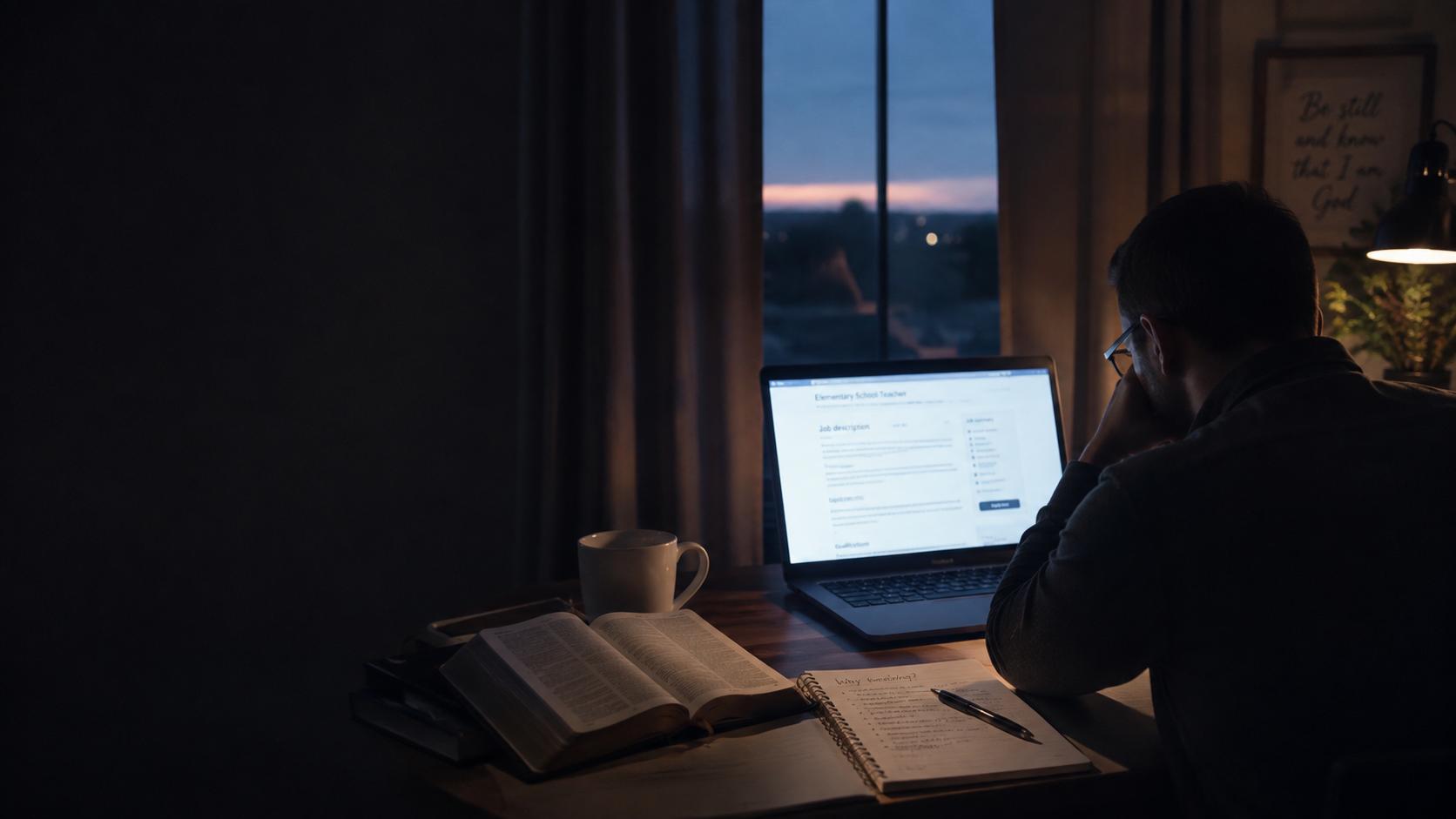 A person working at sunrise using a laptop with an open book, a mug, a notebook, and a pen, in a dimly lit room with a window showing a sunset outside.