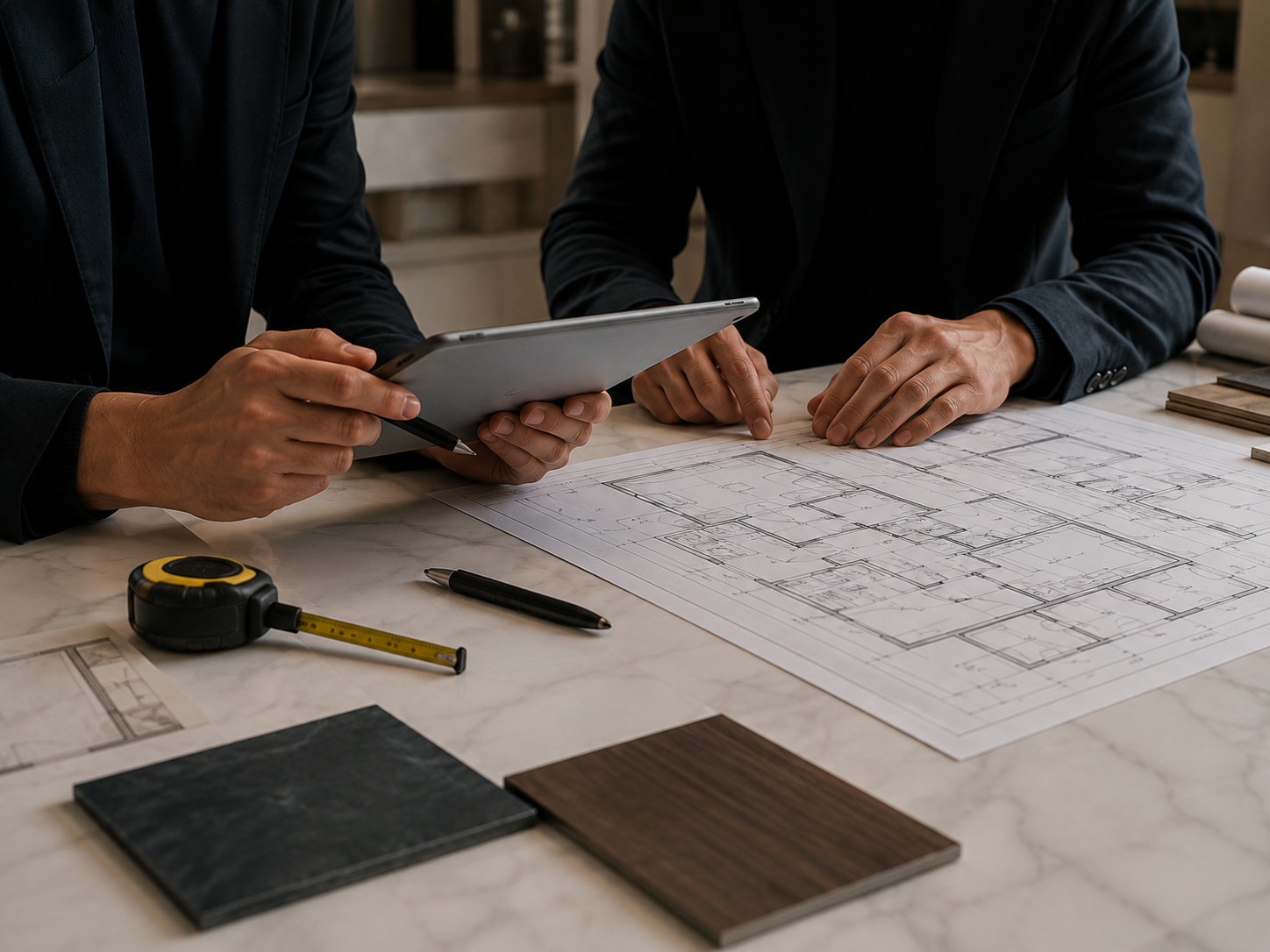 Due persone in abiti formali stanno esaminando un progetto architettonico su un tavolo, con strumenti di misurazione, penne, e campioni di materiali.