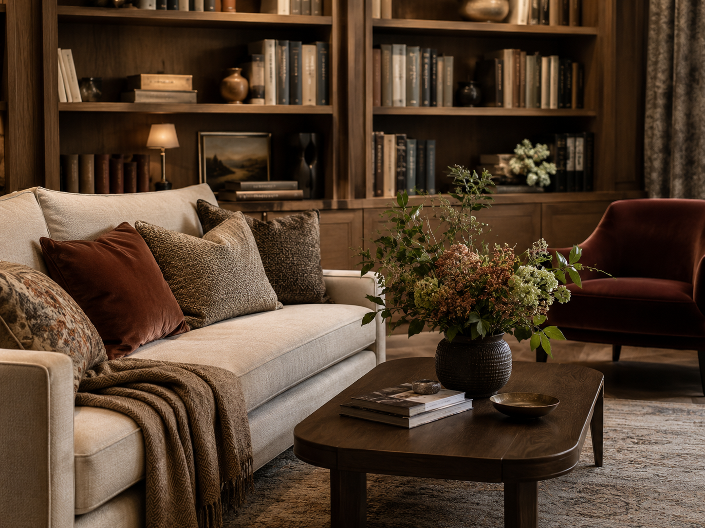 Soggiorno con elegante divano beige decorato con cuscini di velluto e stoffa animalier, tavolino in legno con vaso di fiori e libro, libreria in legno con libri e decorazioni, poltrona rossa e tappeto mancante.