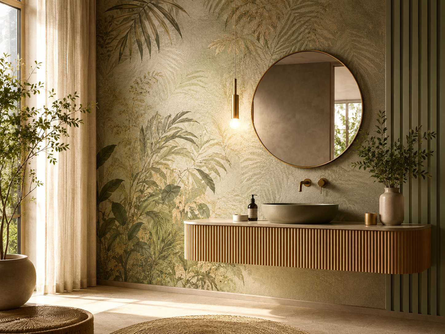 Bagno elegante con parete decorativa con motivi vegetali, lavabo rotondo su mobile in legno con scanalature verticali, grande specchio rotondo, lampada pendente con luce calda, piante in vasi, tende leggere, ambiente luminoso e armonioso.