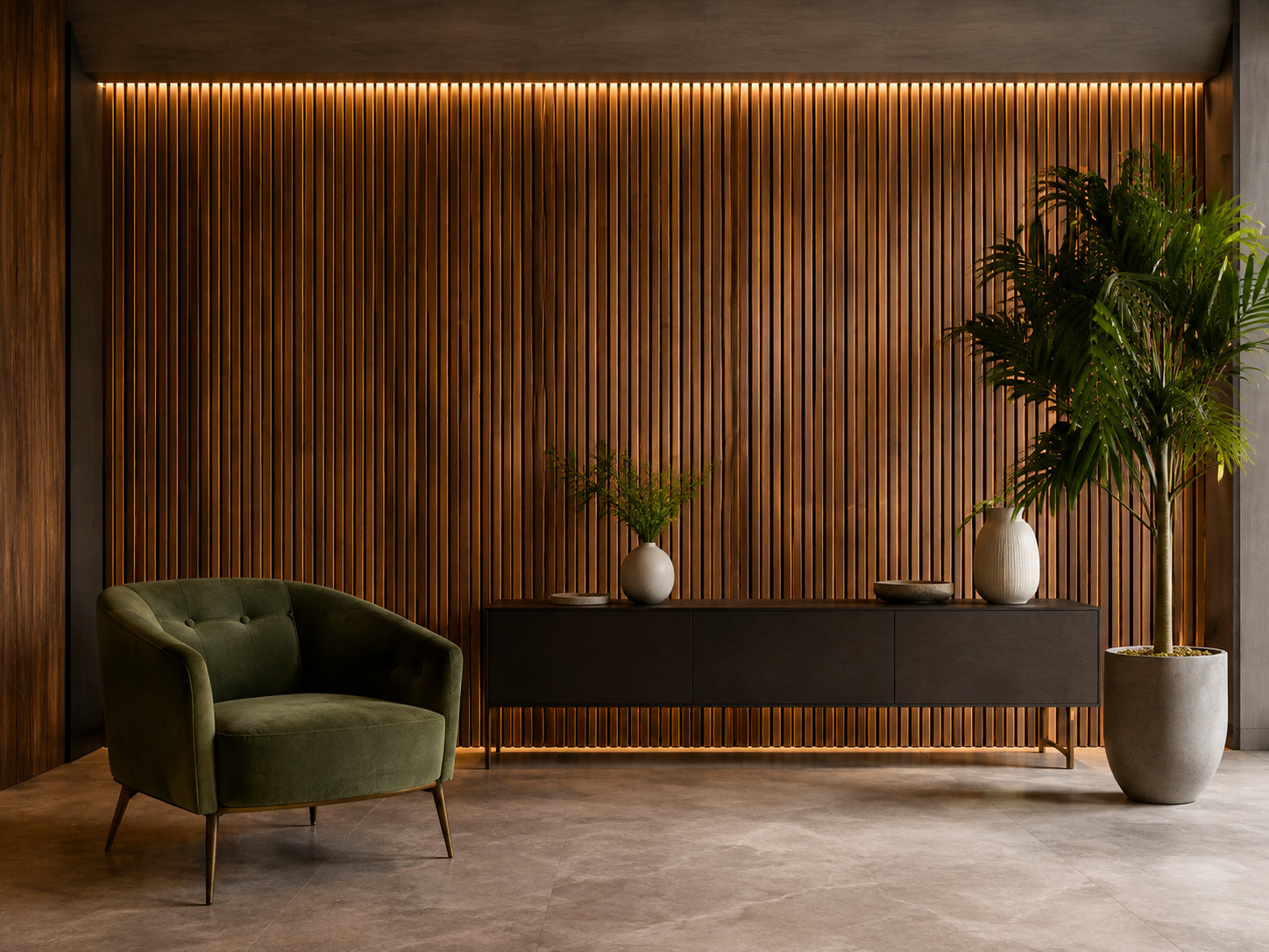 Interno con muro di legno, divano verde, credenza nera con vasi e piante, illuminazione a LED sopra