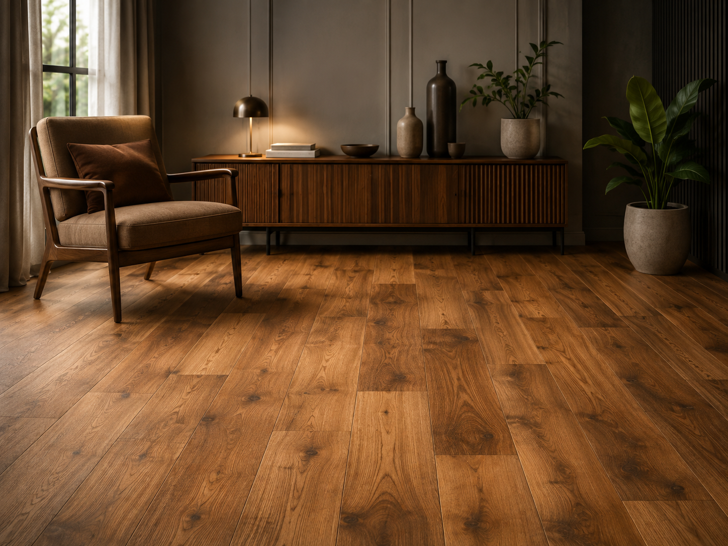 Un soggiorno con pavimenti in legno, un mobile in legno decorato con vasi e libri, una sedia con cuscino, piante in vasi grandi e una finestra con tende.