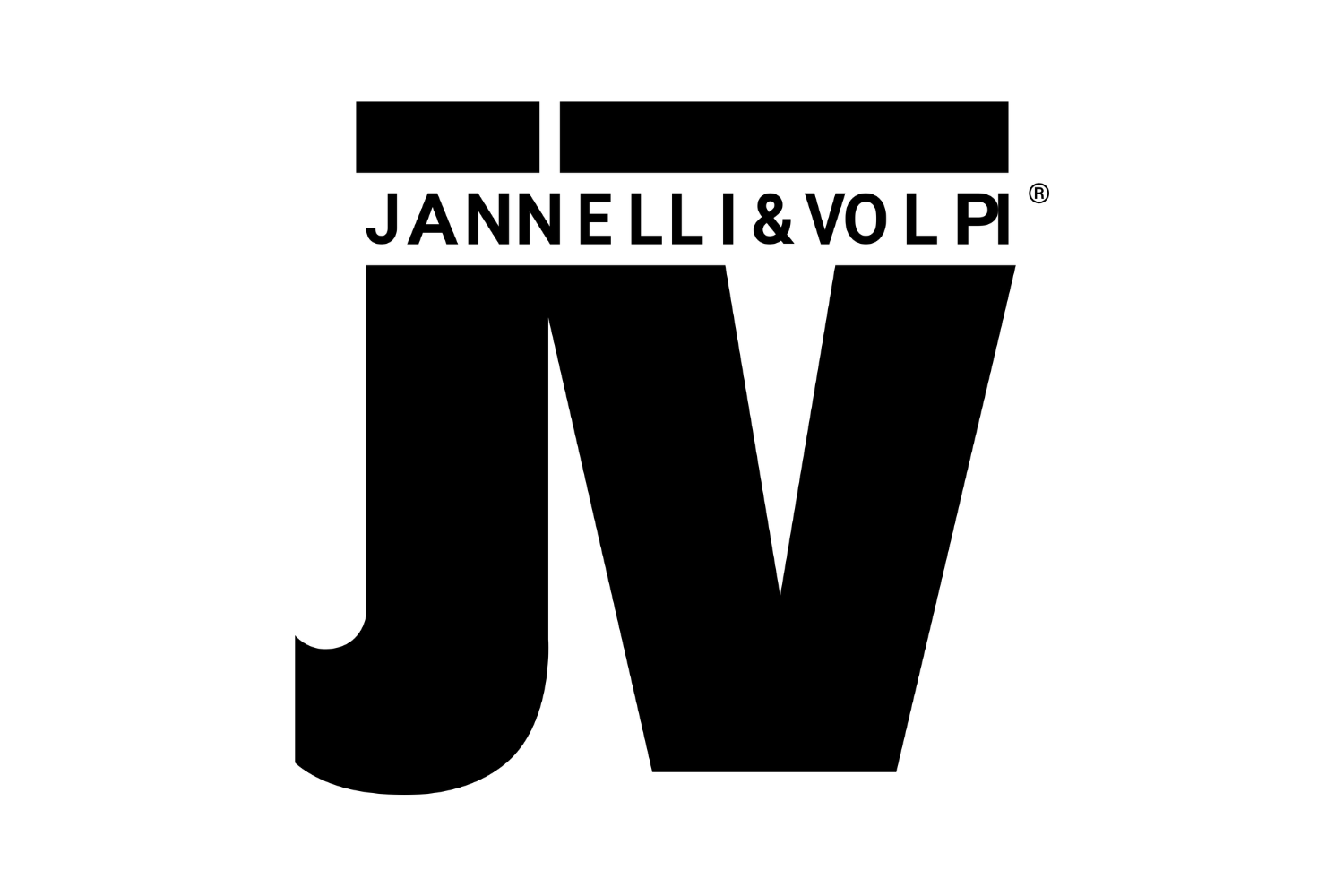 Logo nero con testo JANNELLI & VOLPI in alto e grandi lettere J V al centro.