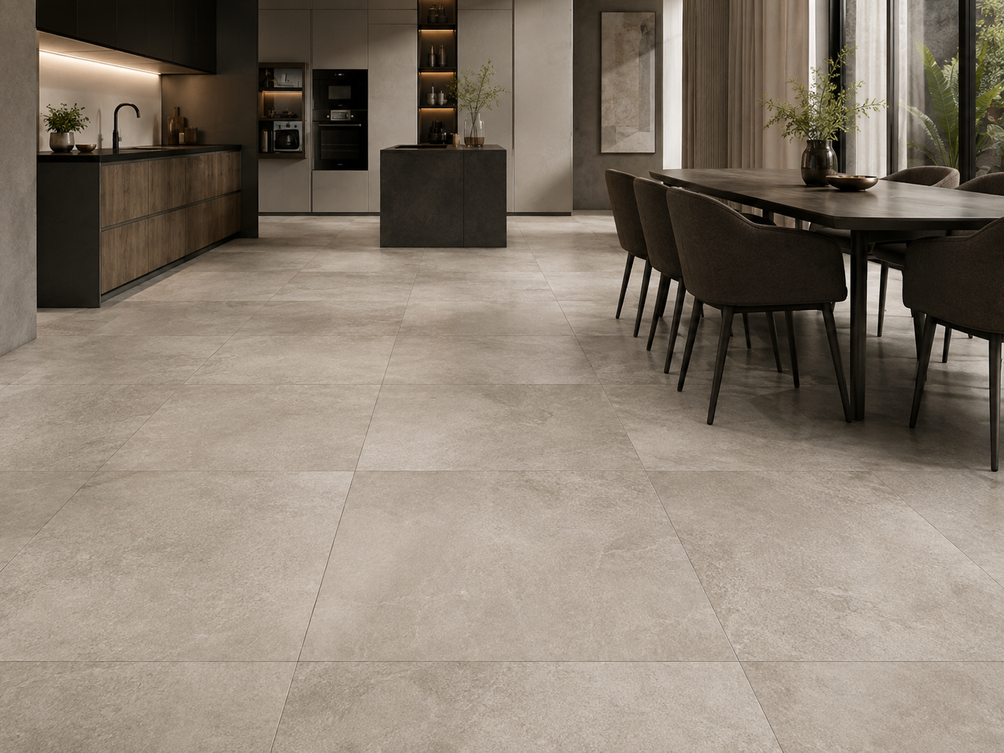 Interno di una cucina moderna con pavimenti in piastrelle beige, un tavolo da pranzo con sedie intorno e una zona cucina con ripiani in legno scuro e elettrodomestici integrati.