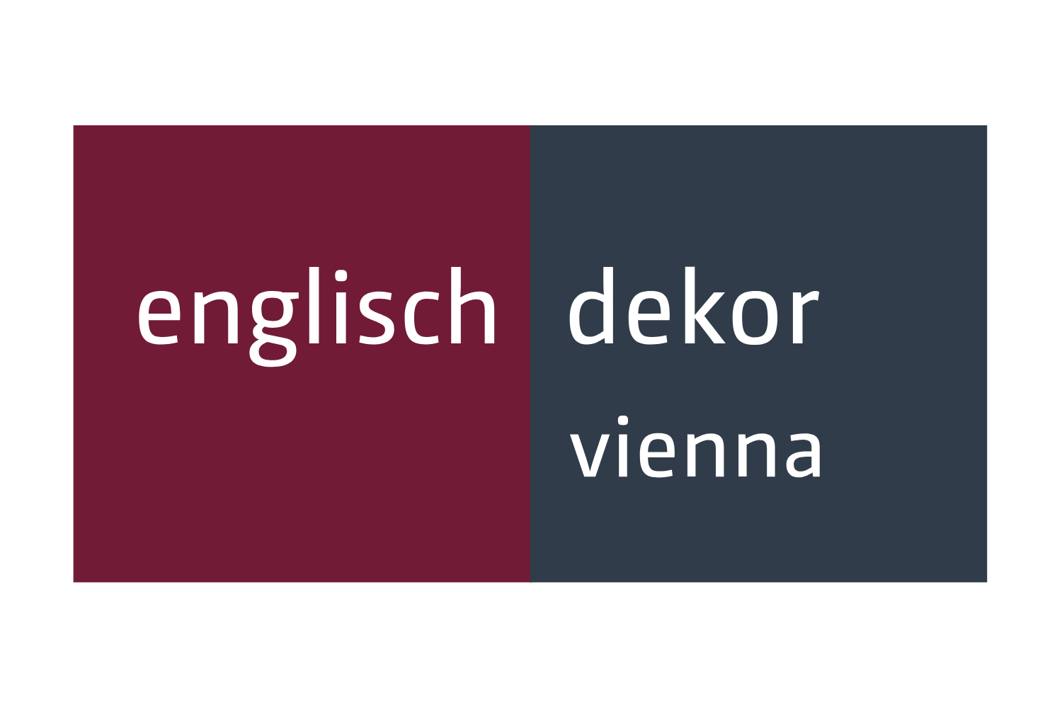 Logo con sfondo diviso in due parti: a sinistra sfondo borgogna con la scritta 'englisch' e a destra sfondo blu scuro con le parole 'dekor vienna'
