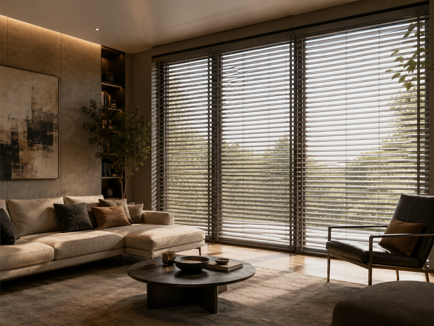Soggiorno moderno con grande finestra con tende a veneziana, divano beige con cuscini scuri, poltrona con cuscino, tavolino rotondo in marmo con oggetti decorativi, parete decorata con quadro astratto e mensole con libri e vasi, albero in vaso.