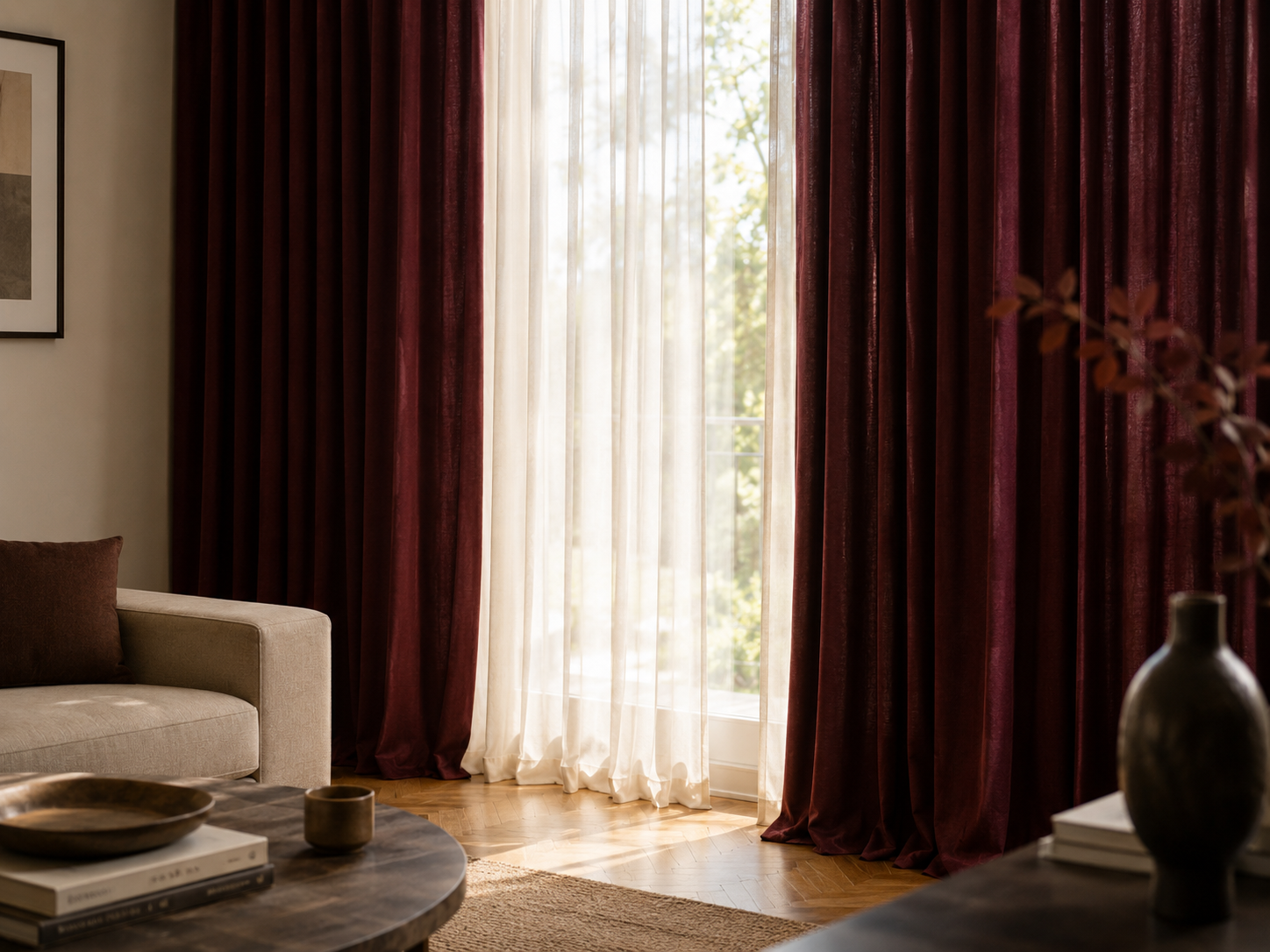 Interno di soggiorno con grandi tende bordeaux e una tenda di voile bianca davanti a una finestra che mostra un albero e il cielo esterno; parte di un divano beige con cuscino marrone, tavolino rotondo con riviste, una ciotola e un bicchiere, e un vaso decorativo sulla mensola