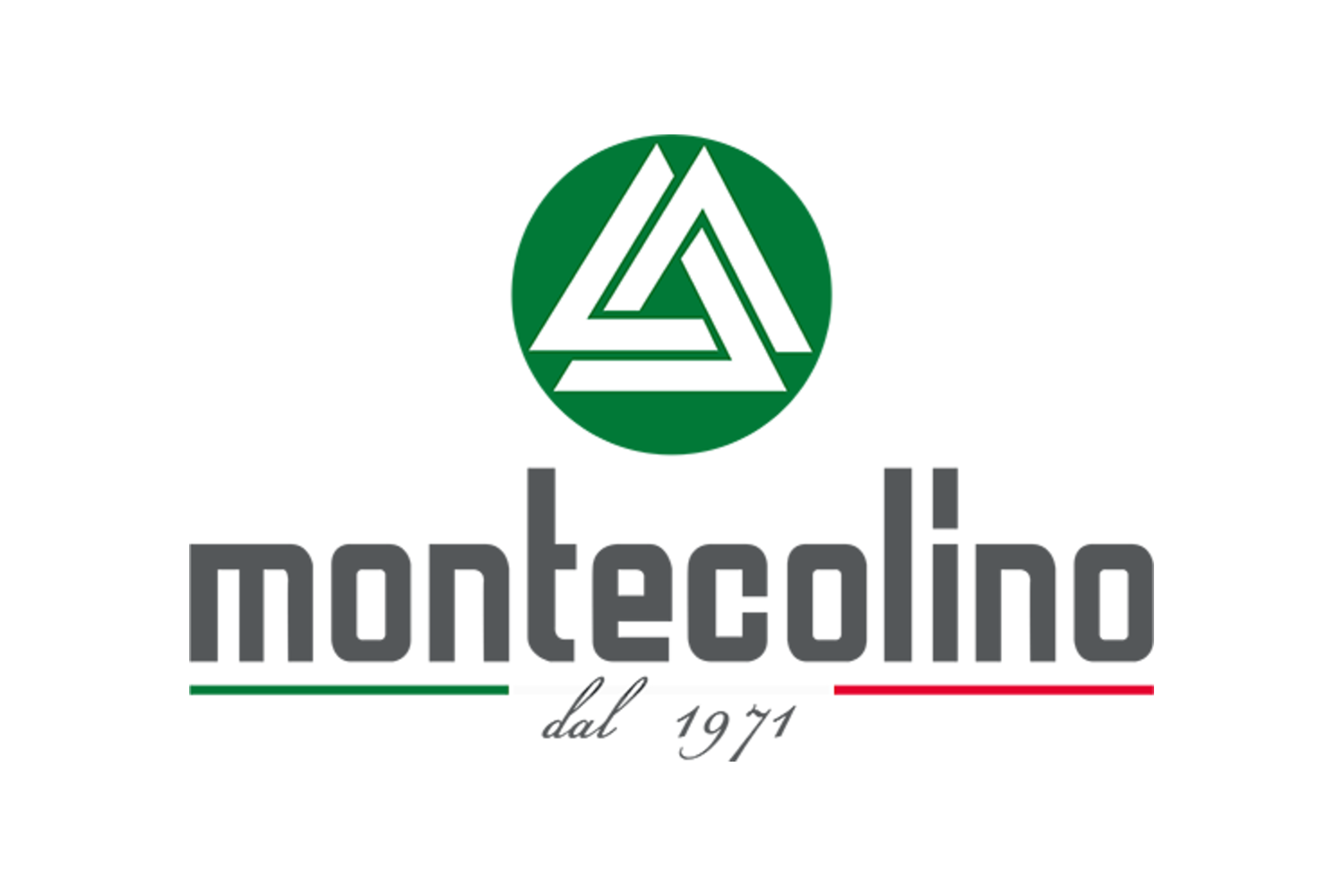 Logo di Montecolino con simbolo geometrico verde e testo 'montecolino dal 1971' con linee tricolori italiana in basso.