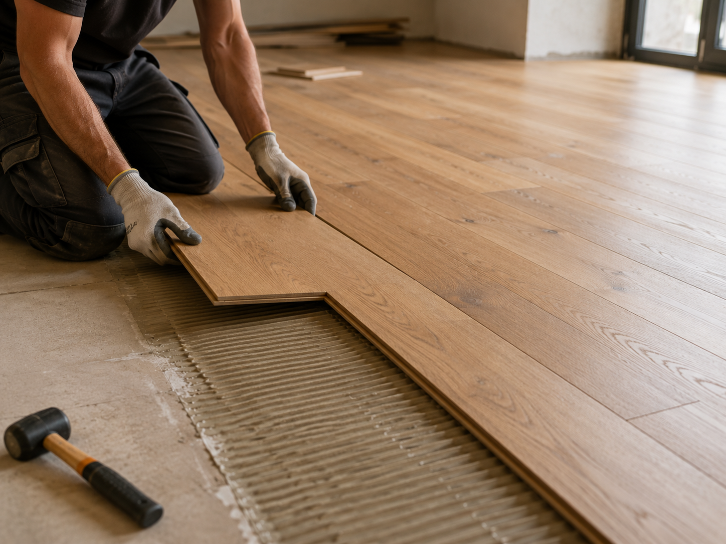 Un uomo sta posando un pavimento in legno in una stanza, con un martello e colla per pavimenti visibili accanto.