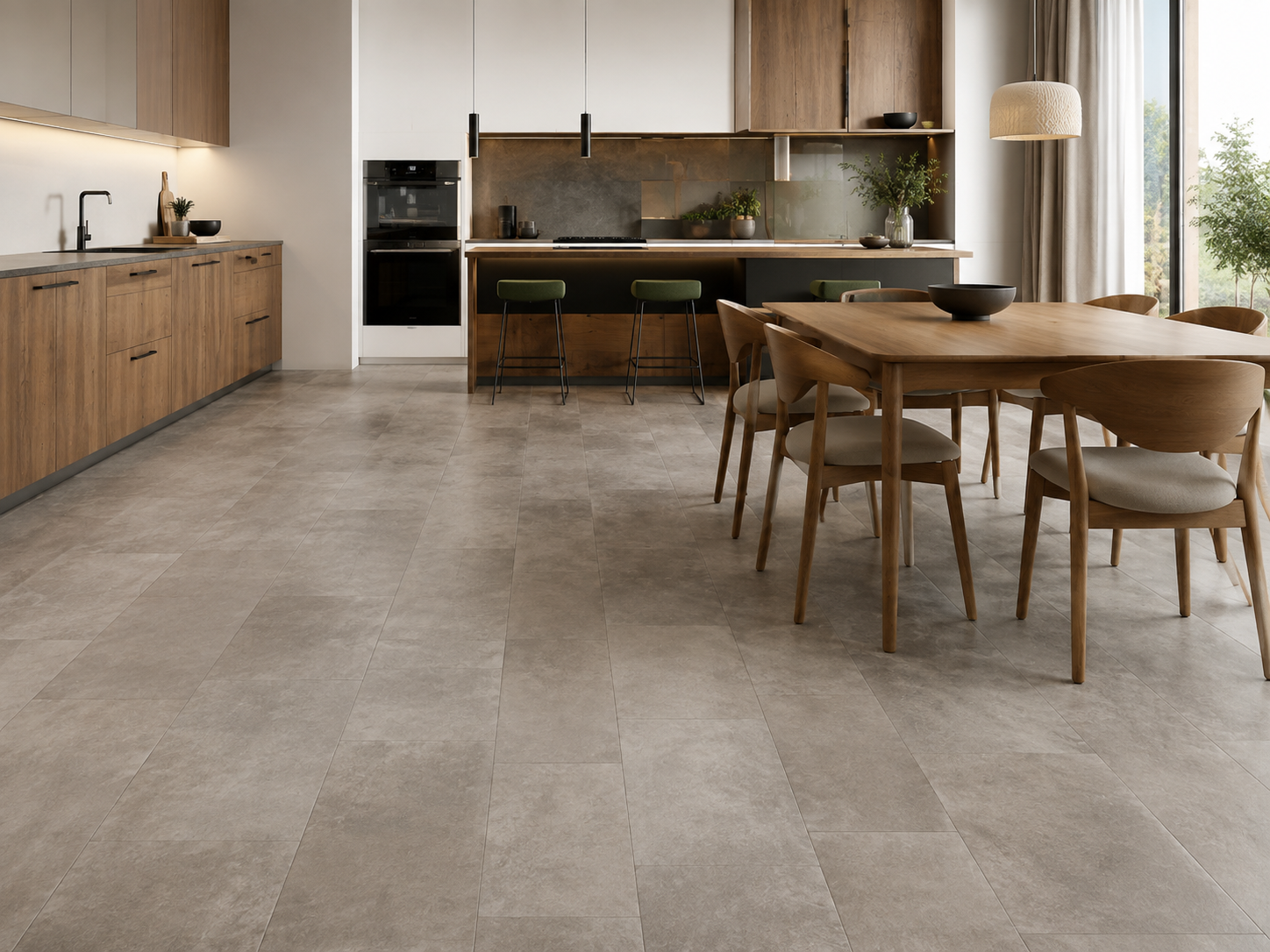 Cucina moderna con mobili in legno chiaro, tavolo da pranzo, sedie imbottite e grandi finestre