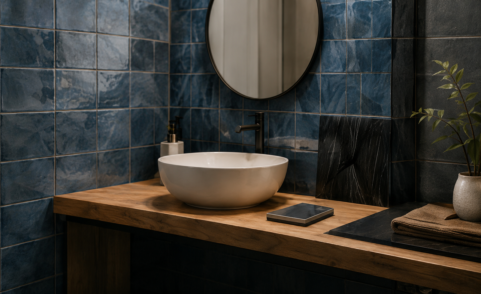 Lavabo rotondo bianco su un piano in legno, con specchio rotondo sopra, pianta verde in un vaso, e prodotti per l'igiene in un dispenser e modo, pareti rivestite di piastrelle blu