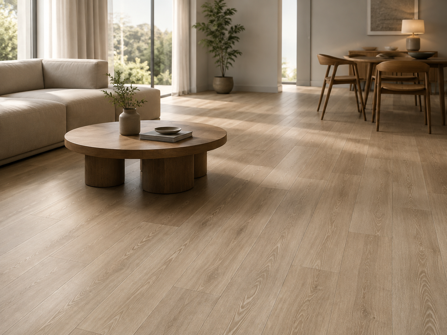 Interno di un soggiorno con pavimento in legno chiaro, divano beige, tavolino rotondo con vaso e riviste, e zona pranzo con tavolo e sedie in legno.