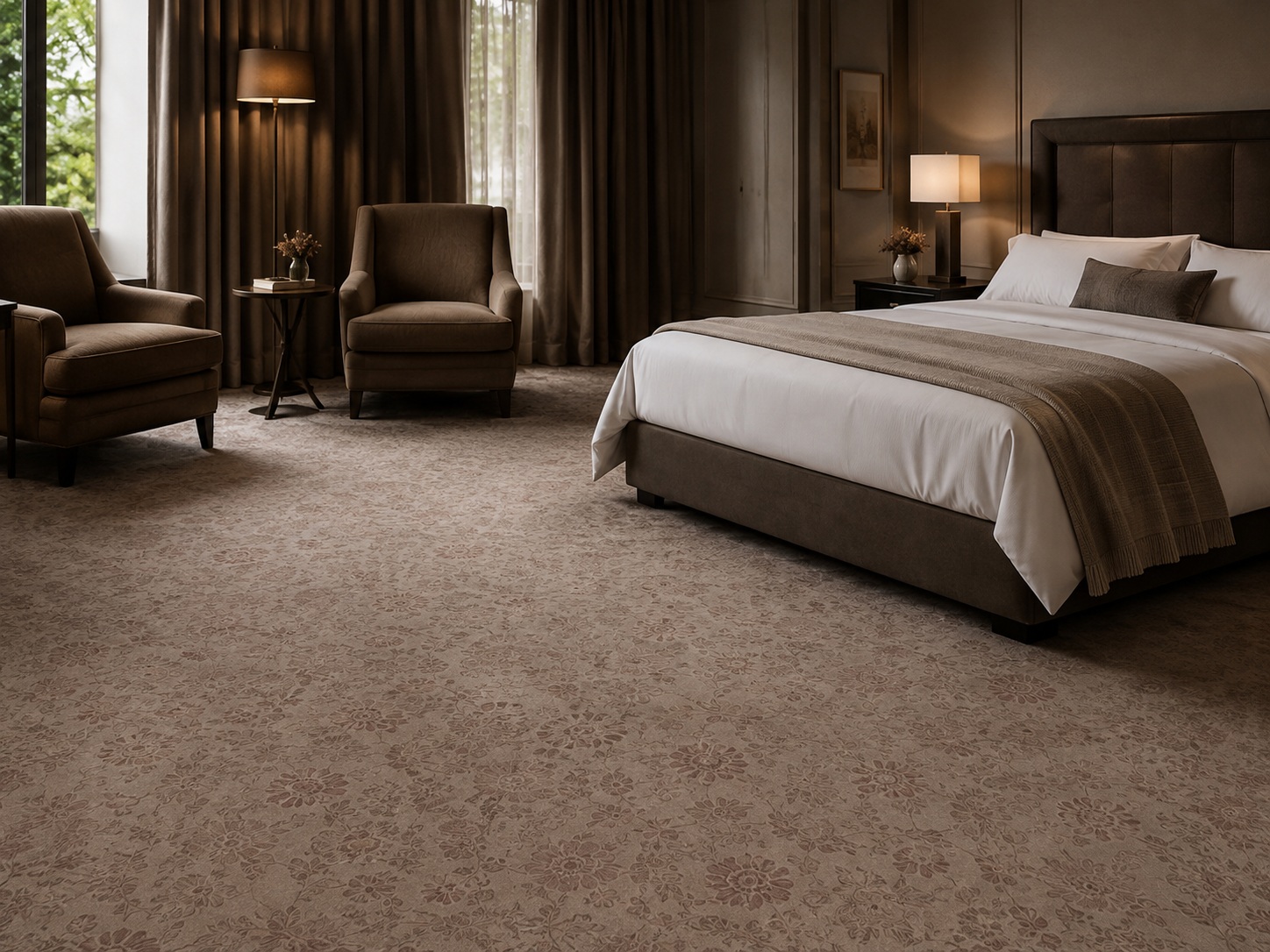 Camera da letto elegante con letto matrimoniale, due poltrone, una lampada da terra e una lampada da tavolo, tende scure ai lati delle finestre e una parete decorata.