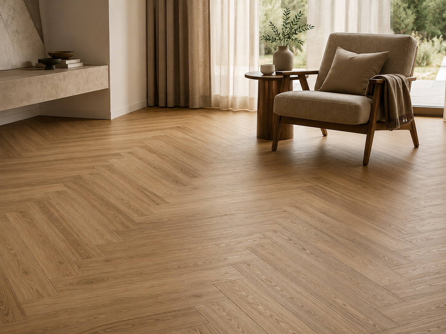 Interno di una stanza con pavimento in legno chiaro, una poltrona in tessuto beige con un cuscino e una coperta, tavolino con vaso di piante e oggetti decorativi, grandi finestre con tende e vista di un giardino verde.