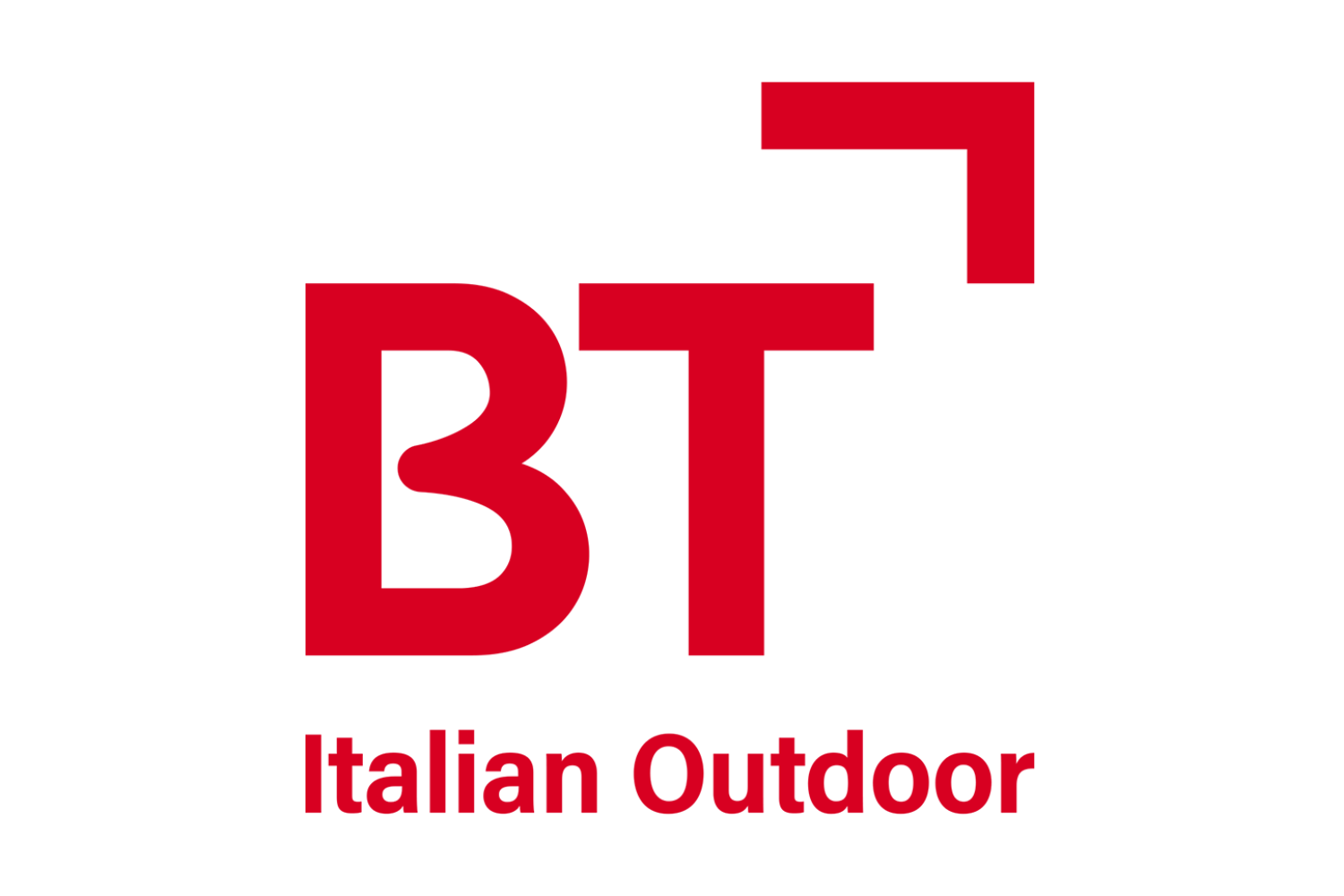 Logo di BT Italian Outdoor, con lettere 'BT' in rosso e un'icona di un quadrato rosso in alto a destra, e la scritta 'Italian Outdoor' sotto.