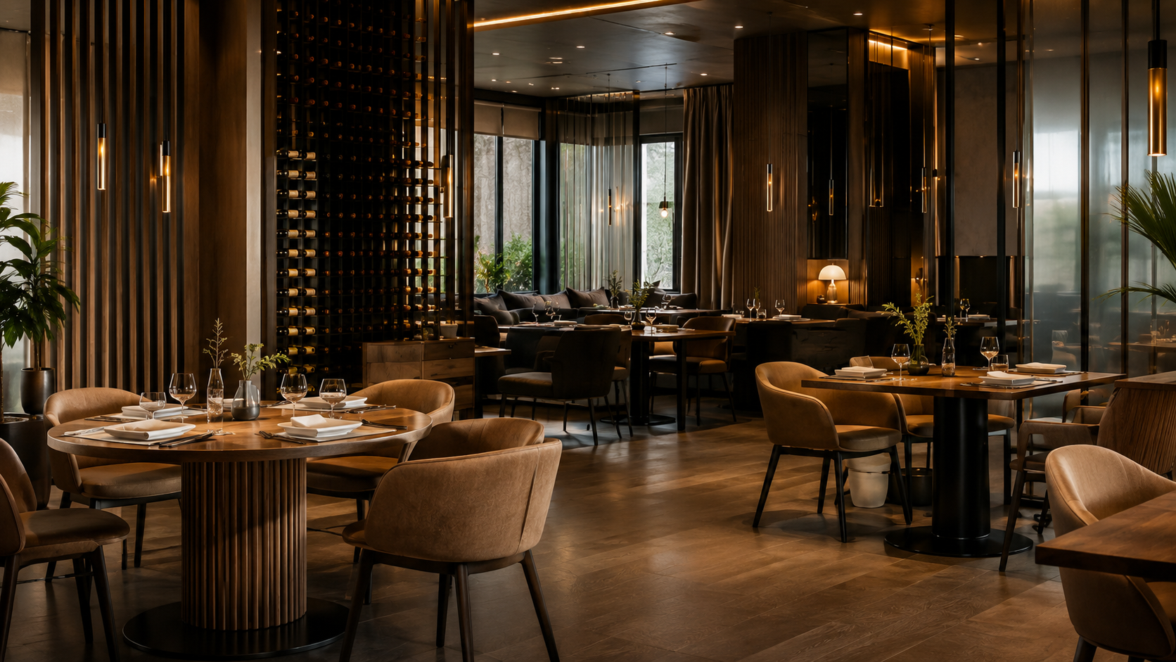Interno di un ristorante elegante con tavoli apparecchiati, sedie in velluto colorocaramello e luci calde, decorazioni in legno e piante verdi.