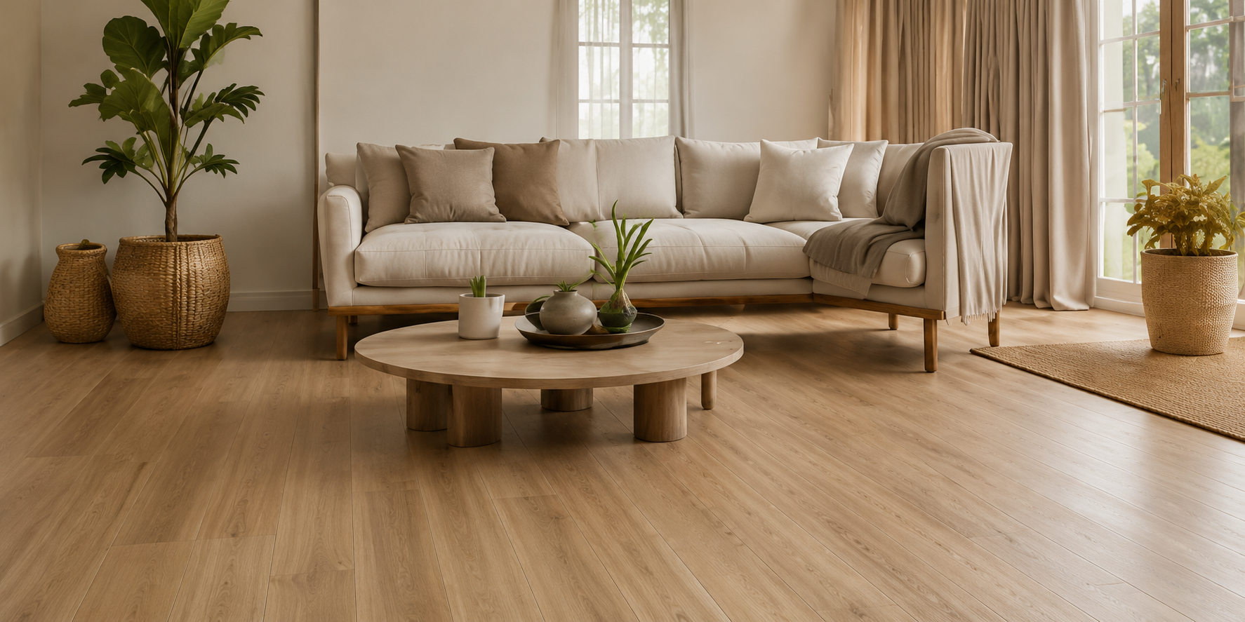 Soggiorno con divano beige, tavolino rotondo in legno, piante in vasi di vimoo e a terra, grande finestra con tende beige, decorazione minimalista e naturale.