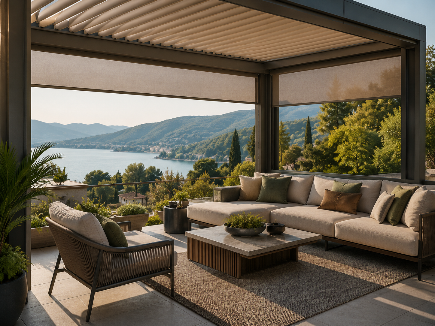 Una veranda con vista lago, divano e poltrona con cuscini, tavolino con piante decorative, ambiente arredato con stile moderno e naturale.