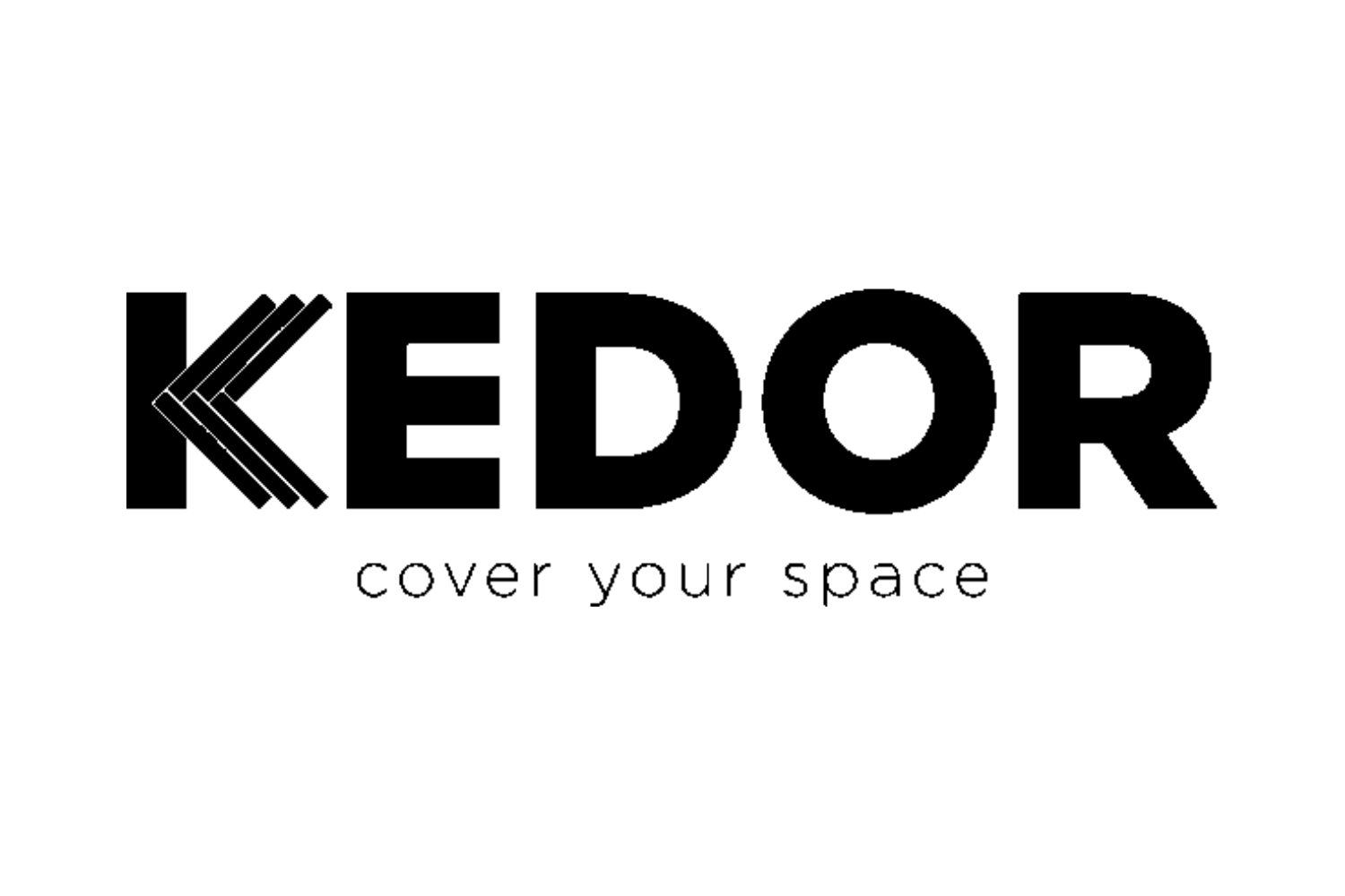 Logo con le parole 'KEDOR' in grande e 'cover your space' sotto, con un'icona di frecce nere che formano una K stilizzata a sinistra.