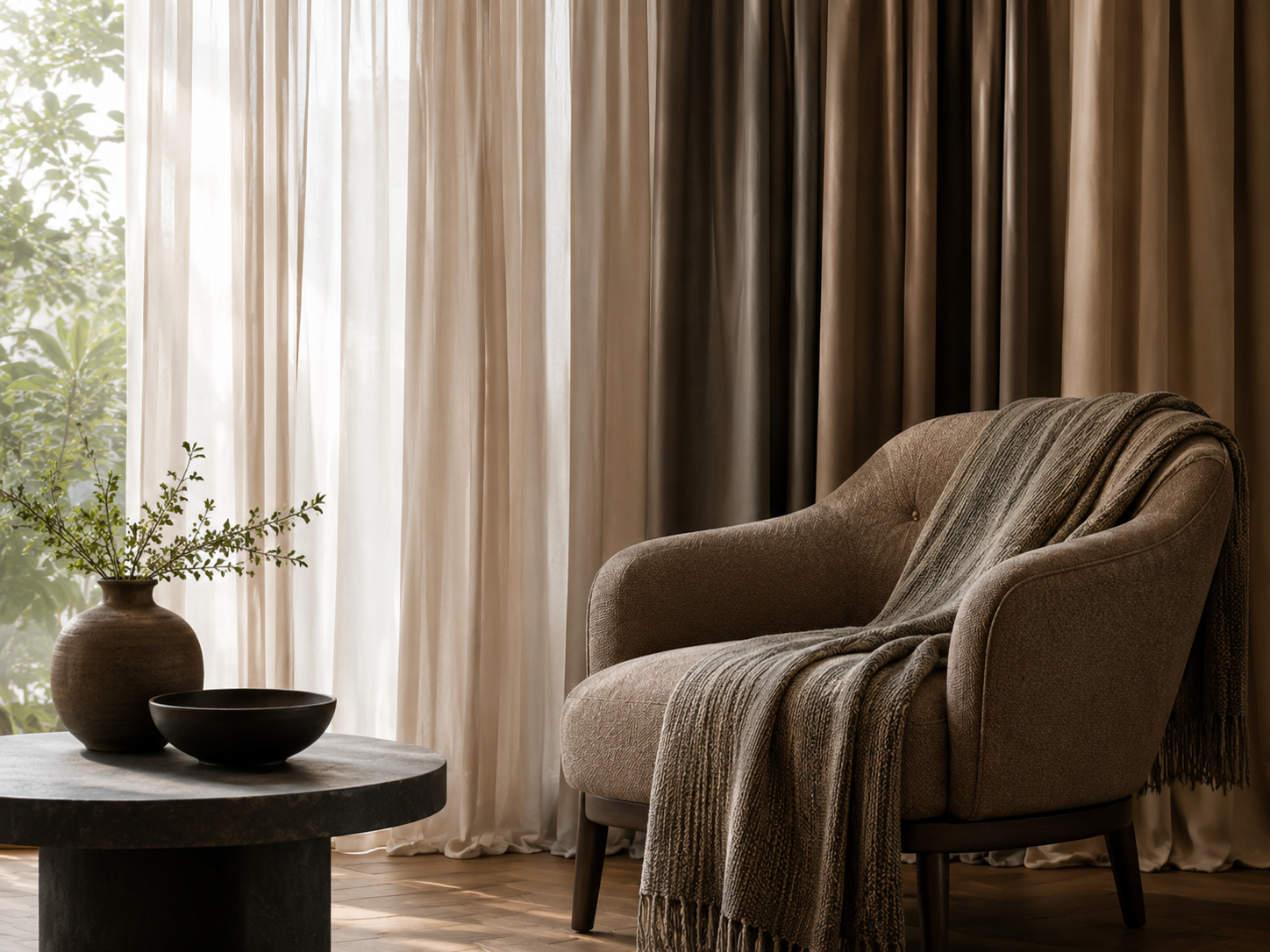 Un interno con una poltrona imbottita di colore beige e un plaid, una finestra con tende leggere e una pianta in vaso, creando un'atmosfera accogliente e calda.