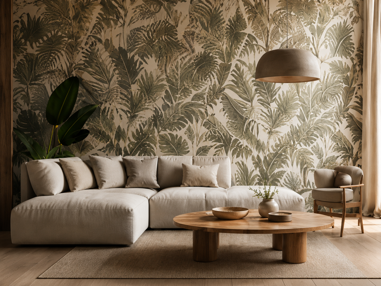 Soggiorno con divano beige, poltrona in legno e velluto, tavolino in legno con decorazioni di ceramica, parete con carta da parati con foglie tropicali, lampada grande sopra il tavolino, piante verdi accanto al divano, tenda chiara sulla finestra.
