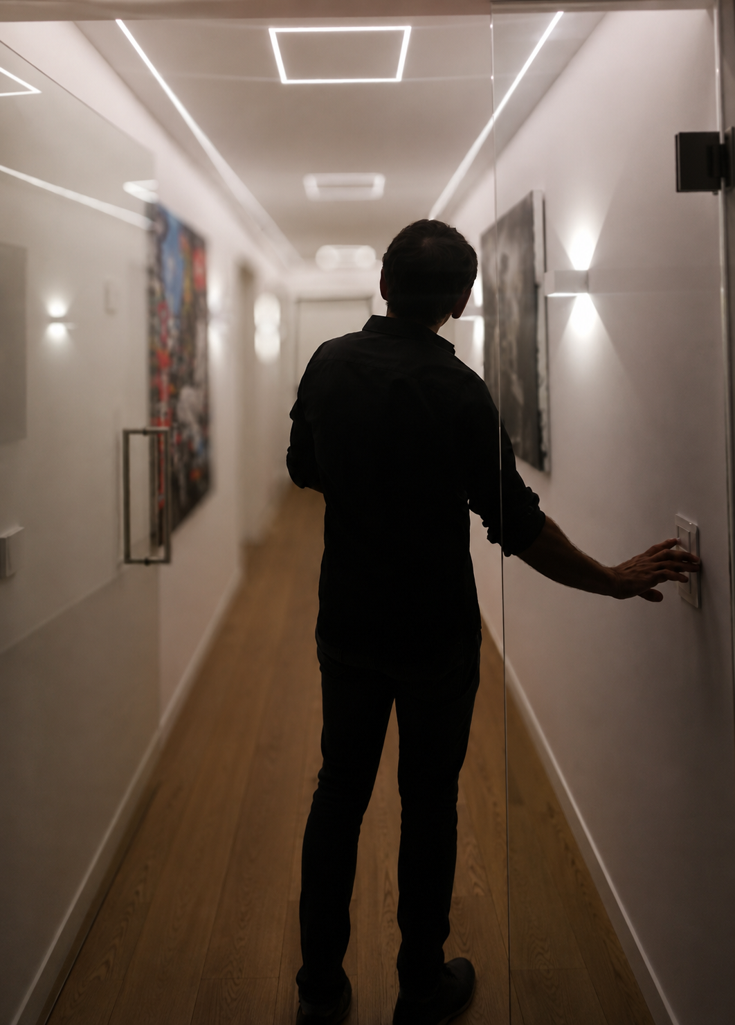 Ein Mann drückt einen Lichtschalter in einem Flur mit moderner Beleuchtung und Kunstwerken an der Wand.