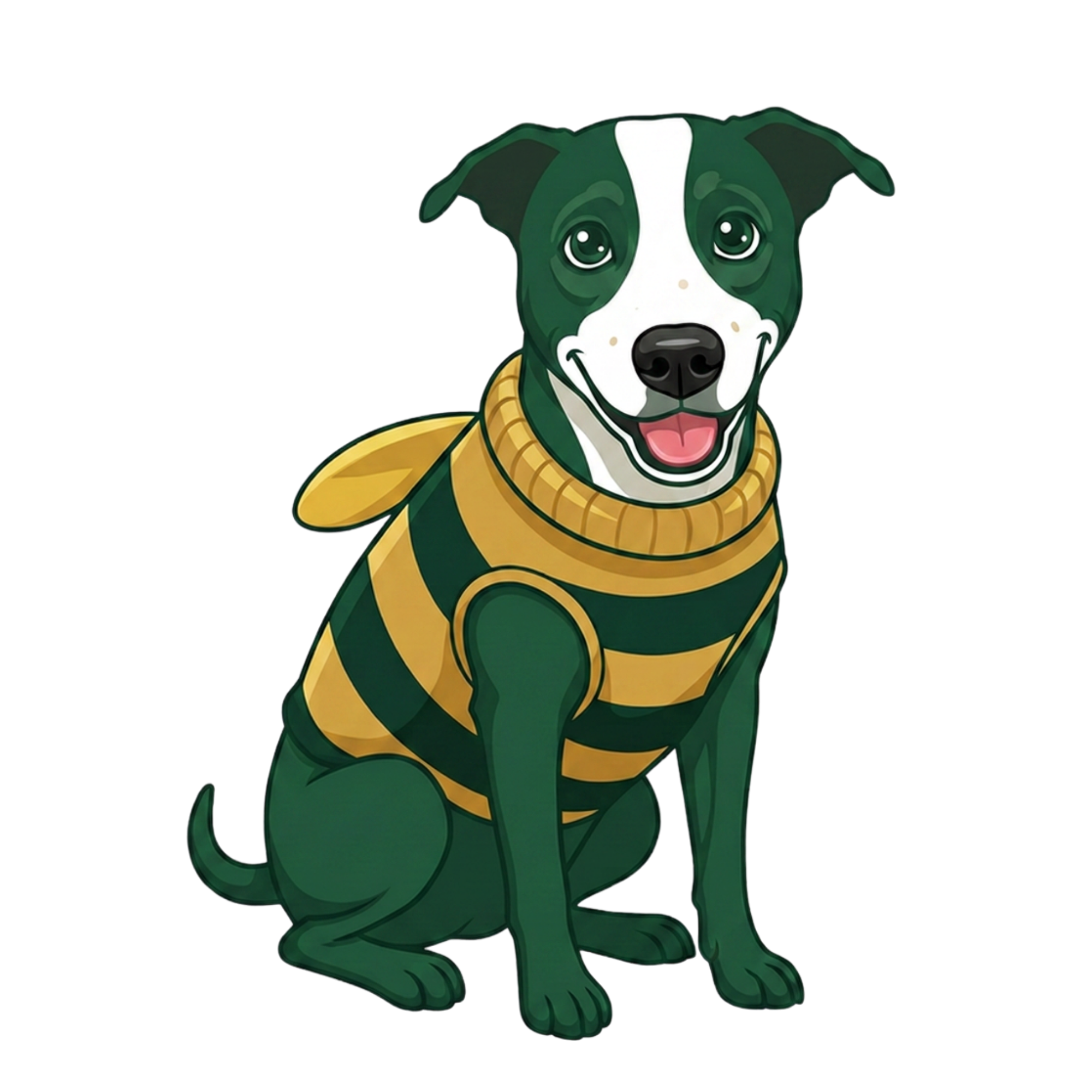 Cartoon dog wearing a yellow jacket sitting, smiling, with a black background.