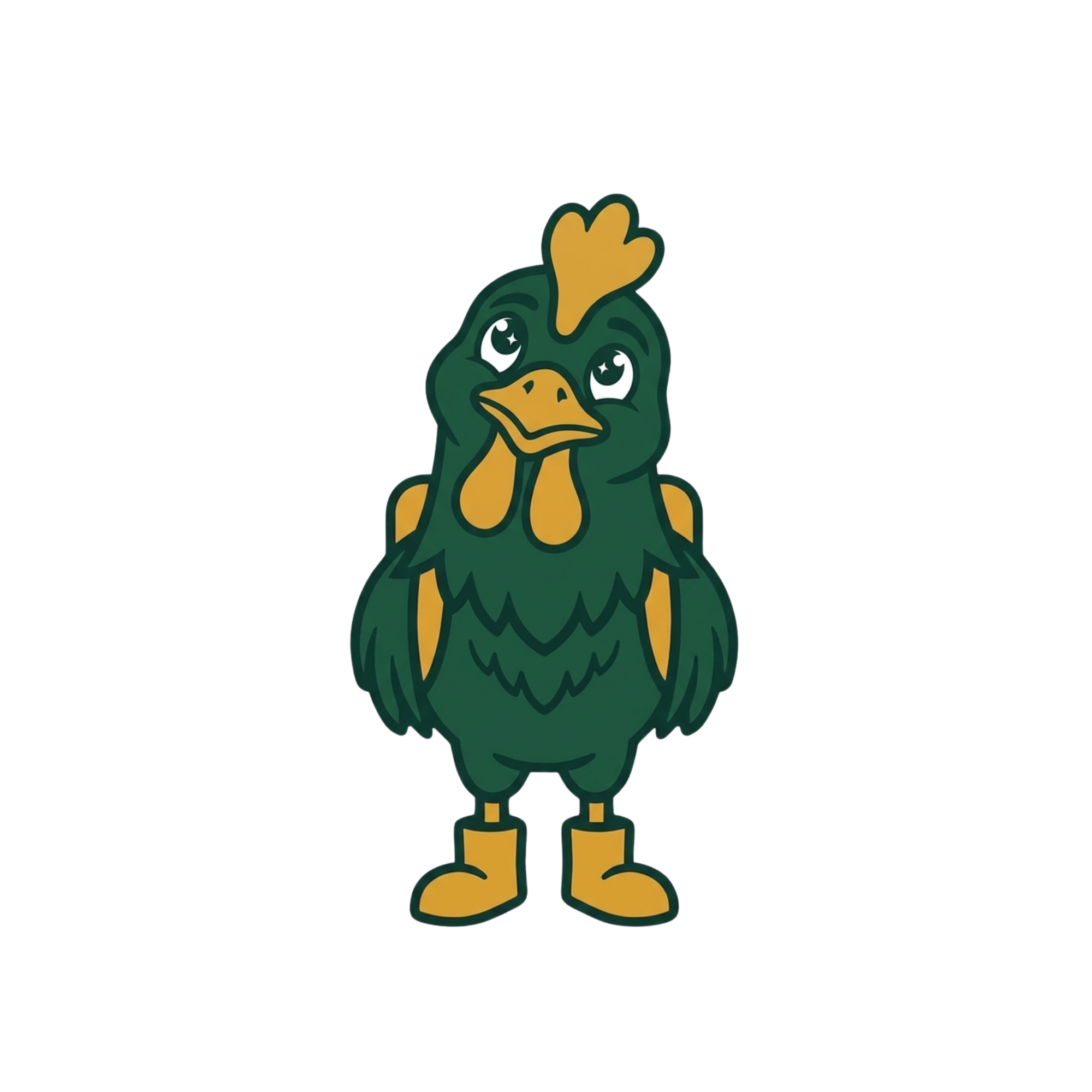 Cartoon chicken character with green body, yellow beak and feet, yellow crest, and big expressive eyes, standing upright.
