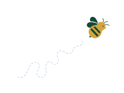 A bee flying with a dotted flight path.