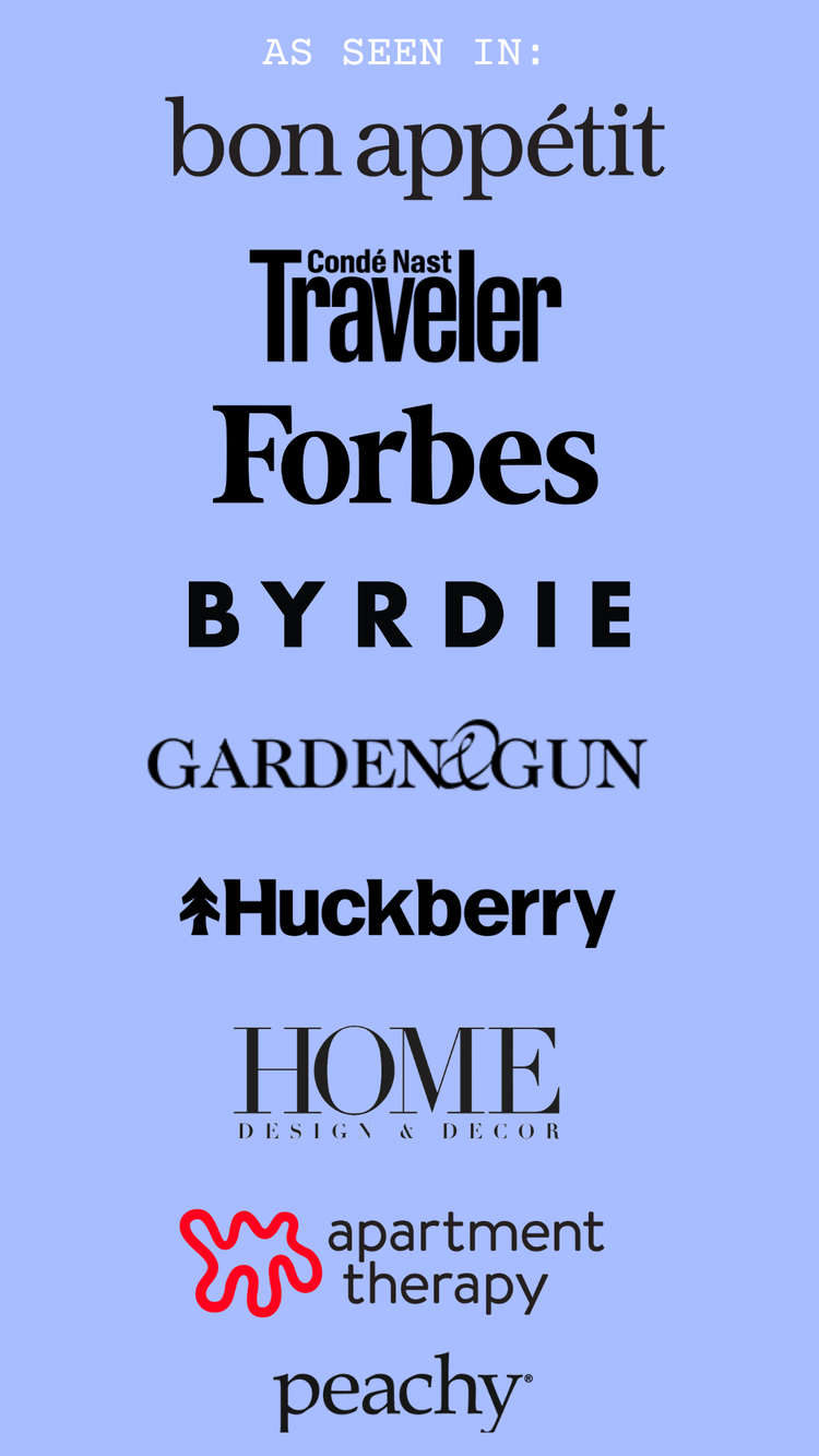 A collage of magazine titles and logos, including Bon Appétit, Conde Nast Traveler, Forbes, Byrdie, Garden & Gun, Huckberry, Home Decor, Apartment Therapy, and Peachy, on a light blue background.