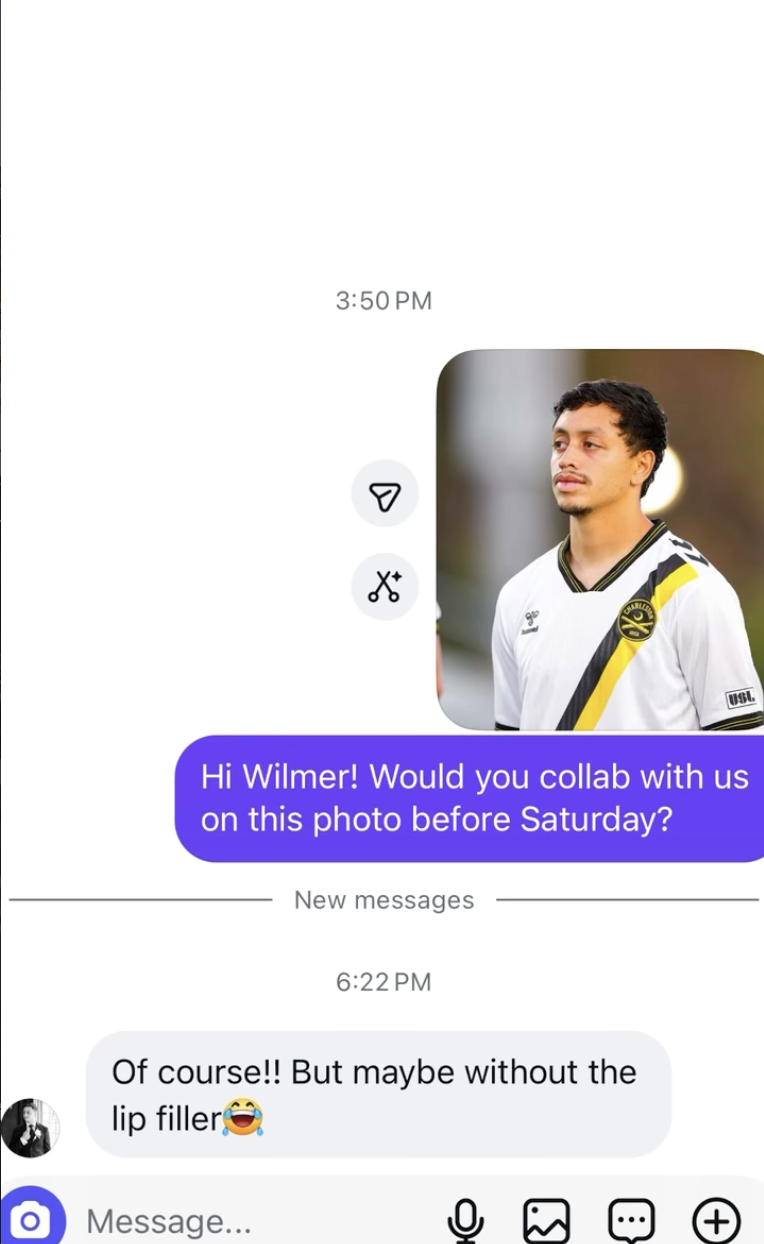 A smartphone screen displaying a conversation in a messaging app, with a photo of a man in a soccer jersey, and text messages asking to collaborate on the photo before Saturday and a humorous reply about doing so without lip filler.