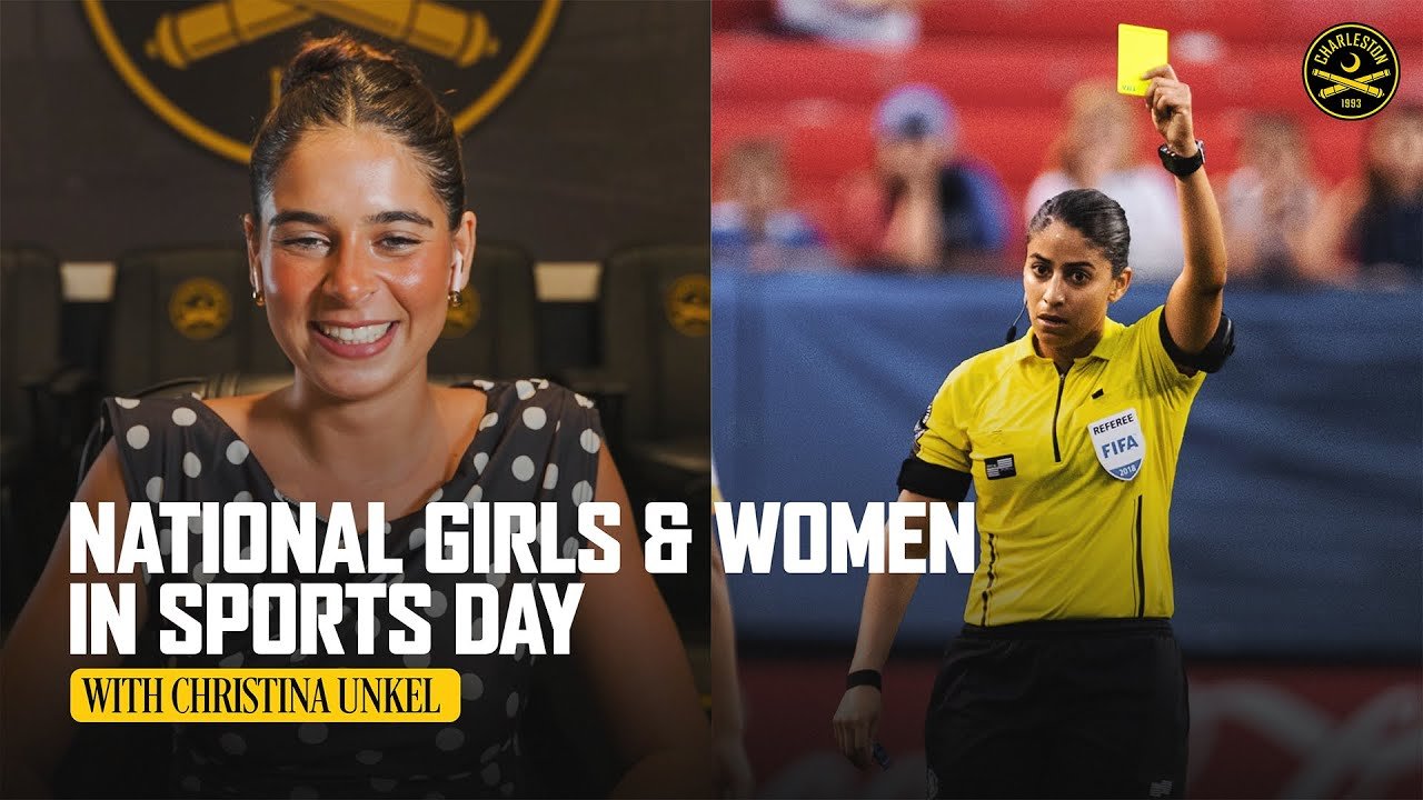 Split image with a woman smiling on the left and a female soccer referee raising a yellow card on the right, with text overlay about Girls & Women in Sports Day with Christina Unkel.