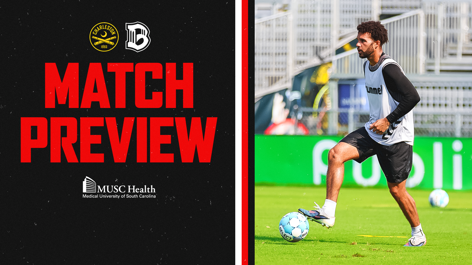 A promotional image divided into two parts. The left side has a black background with red text that reads 'MATCH PREVIEW', the logos of Charleston Soccer Club and a healthcare sponsor, MUSC Health, are above and below the text. The right side shows a man with curly hair and a beard, wearing a white training vest over a black long-sleeve shirt, black shorts, and white cleats, standing on a green football field with a soccer ball at his feet. He is preparing to kick or control the ball, with stadium seating in the background.