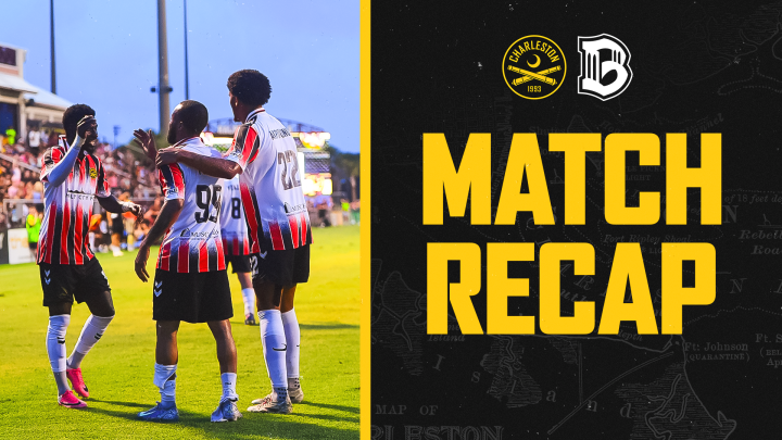 Four soccer players in black, red, and white striped uniforms on the field celebrating, with a stadium filled with spectators behind them; adjacent graphic with Charleston Battery logo, DC United logo, and bold yellow text "MATCH RECAP" on a black background.