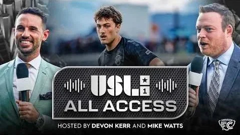 Players and officials in a sporting event holding a sign for USL All Access, hosted by Devon Kerr and Mike Watts.