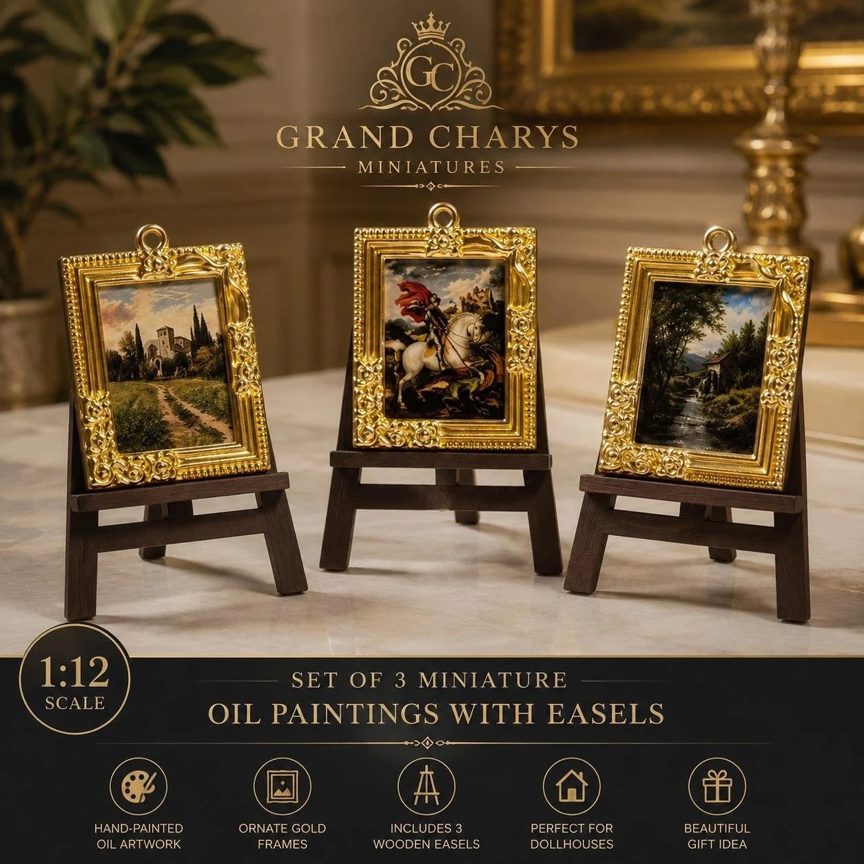 Dollhouse Miniature Oil Paintings Set | Gold Framed Wall Art (1:12 Scale)