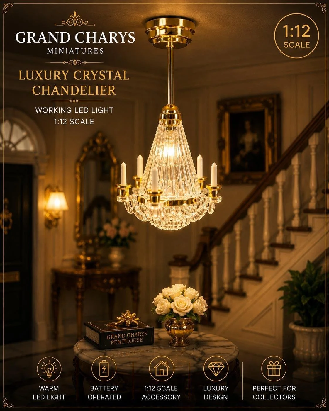 1:12 Scale Miniature Crystal Style Chandelier LED Ceiling Light Dolls House Lamp