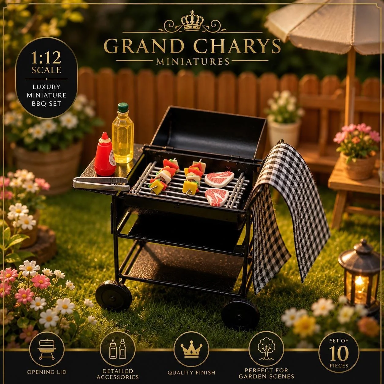 1:12 Scale Miniature BBQ Grill Set with Food Accessories, Dolls House Patio Decor