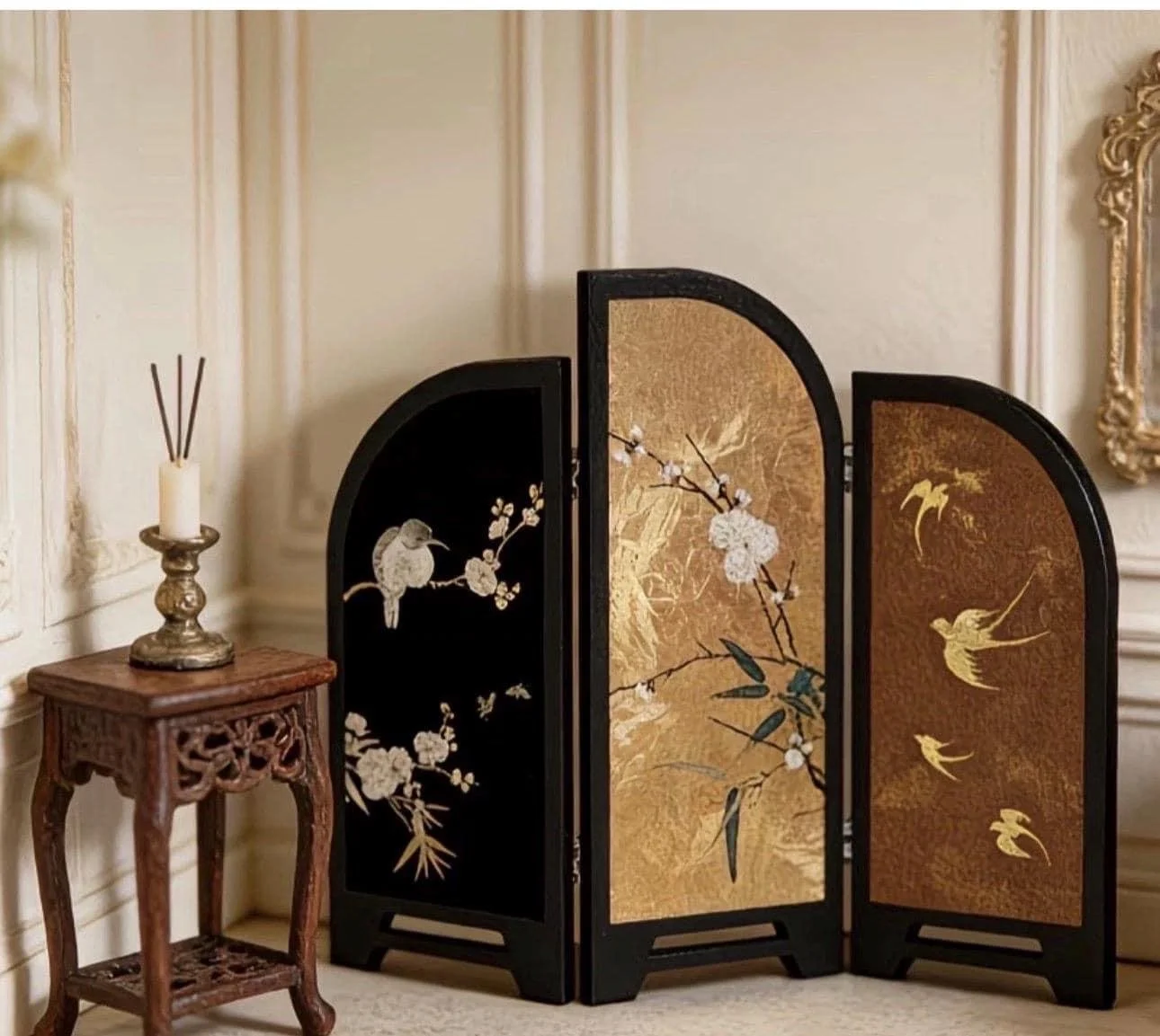 1:12 Scale bird Folding Screen | Miniature Room Divider, Dollhouse Furniture