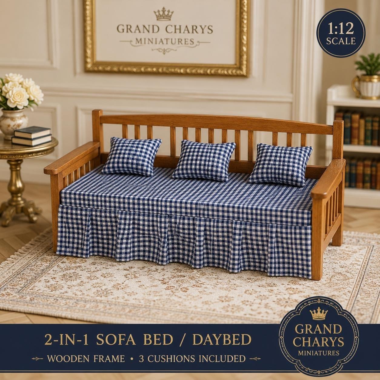 1:12 Scale Wooden Daybed Sofa, Blue Gingham Fabric, Miniature Furniture