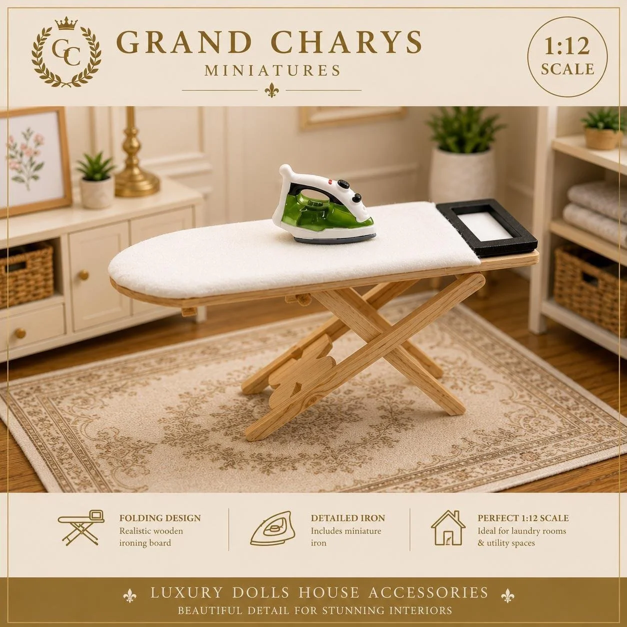1:12 Scale Folding Miniature Ironing Board and Iron Set – Dolls House Laundry Accessory