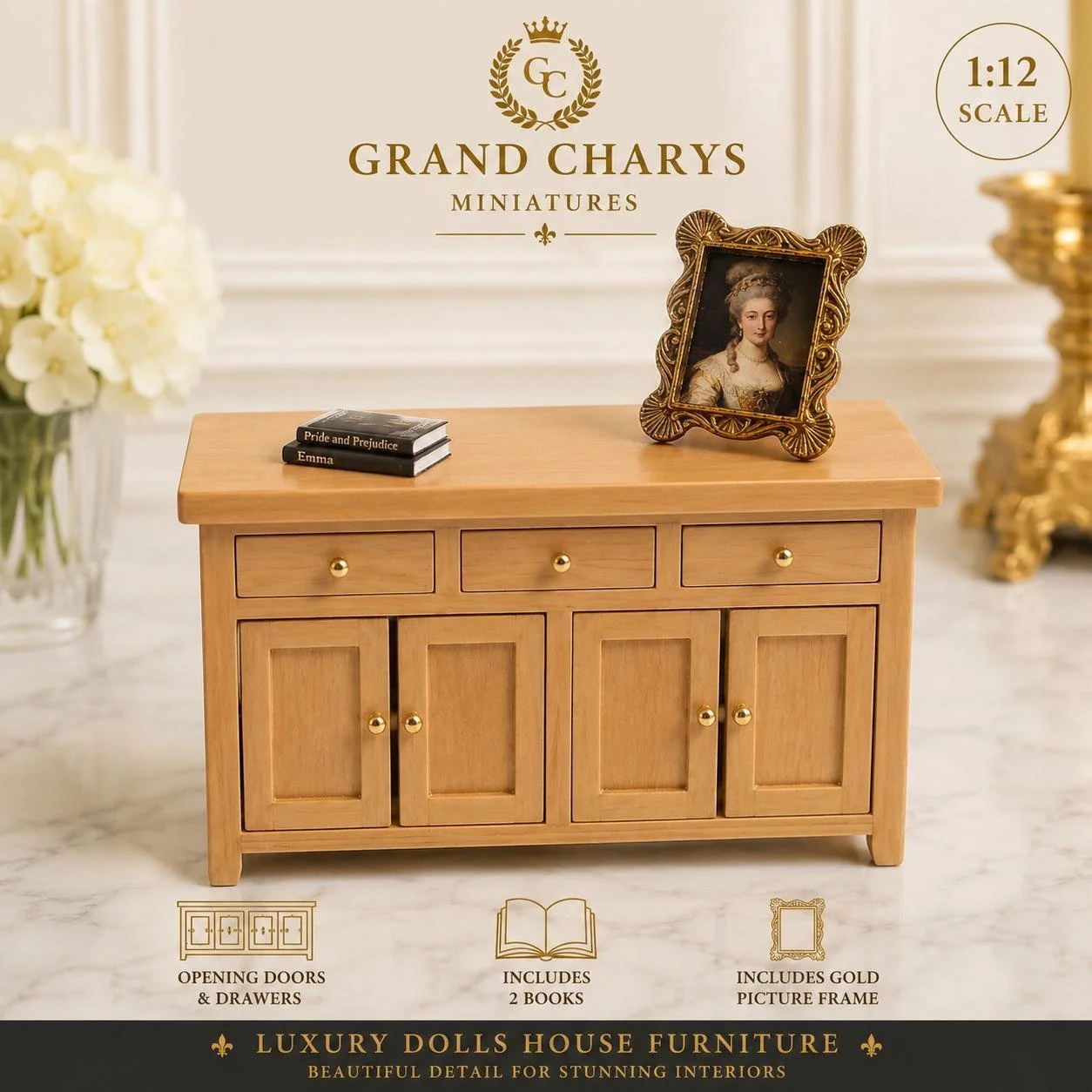 1:12 Scale Wooden Sideboard Set with Ornate Gold Frame, Miniature Books