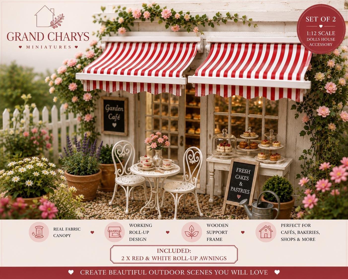 Set of 2 Red White Roll-Up Awnings | 1:12 Scale Dolls House Bakery Canopy