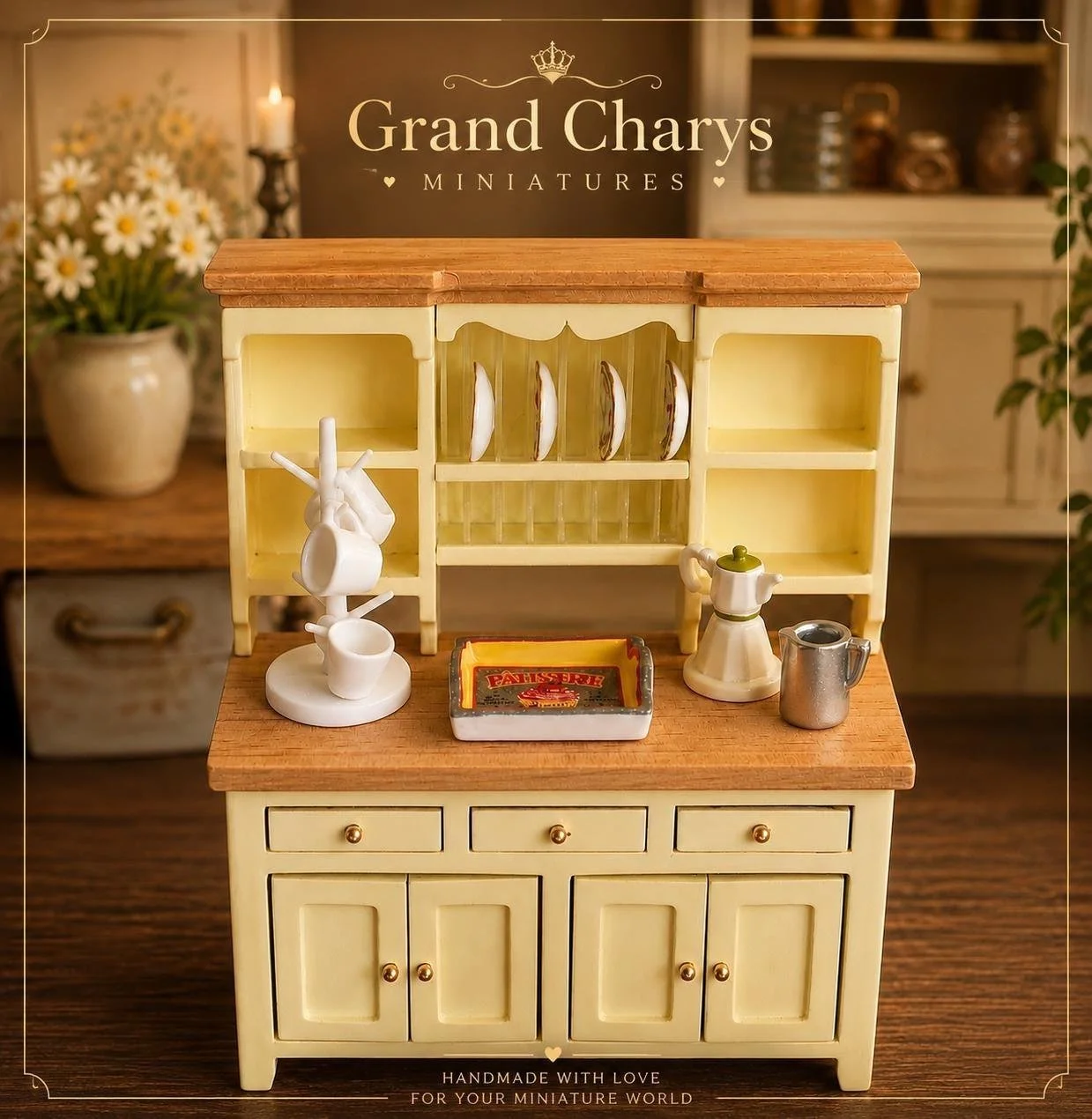 1:12 Scale Farmhouse Kitchen Hutch | Miniature Wooden Dresser Cabinet with Accessories