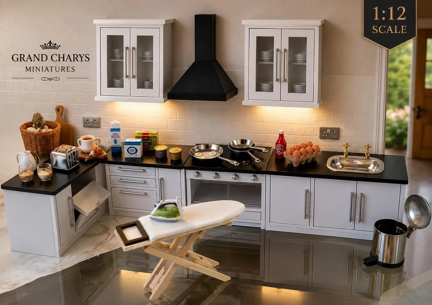 Luxury 1:12 scale dollhouse kitchen with miniature furniture and accessories - Grand Charys Miniatures