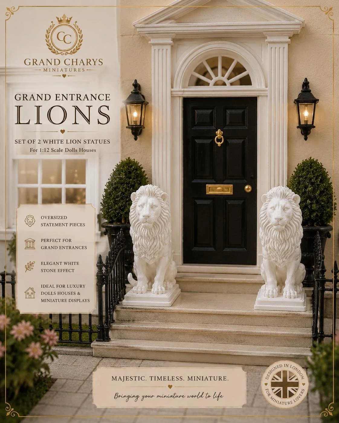 Set of 2 White Lion Statues | 1:12 Scale Dolls House Entrance Decor