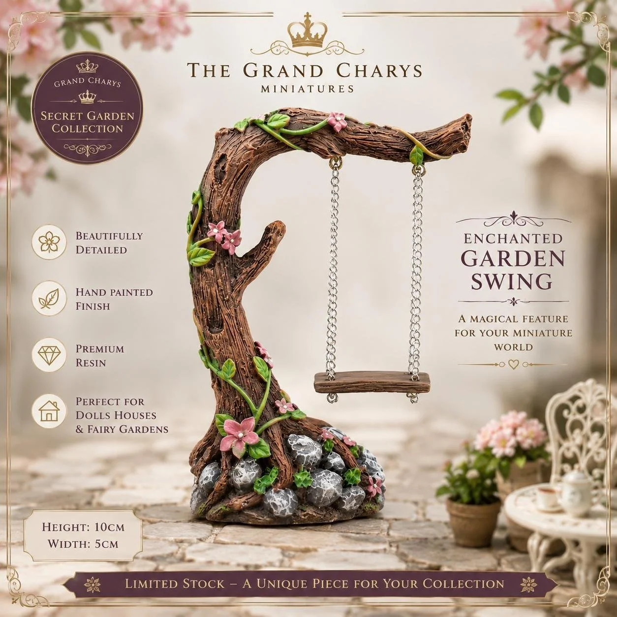 Enchanted Garden Swing | Miniature Tree Trunk, Flowers, Vines | Dolls House, Fairy Garden Decor