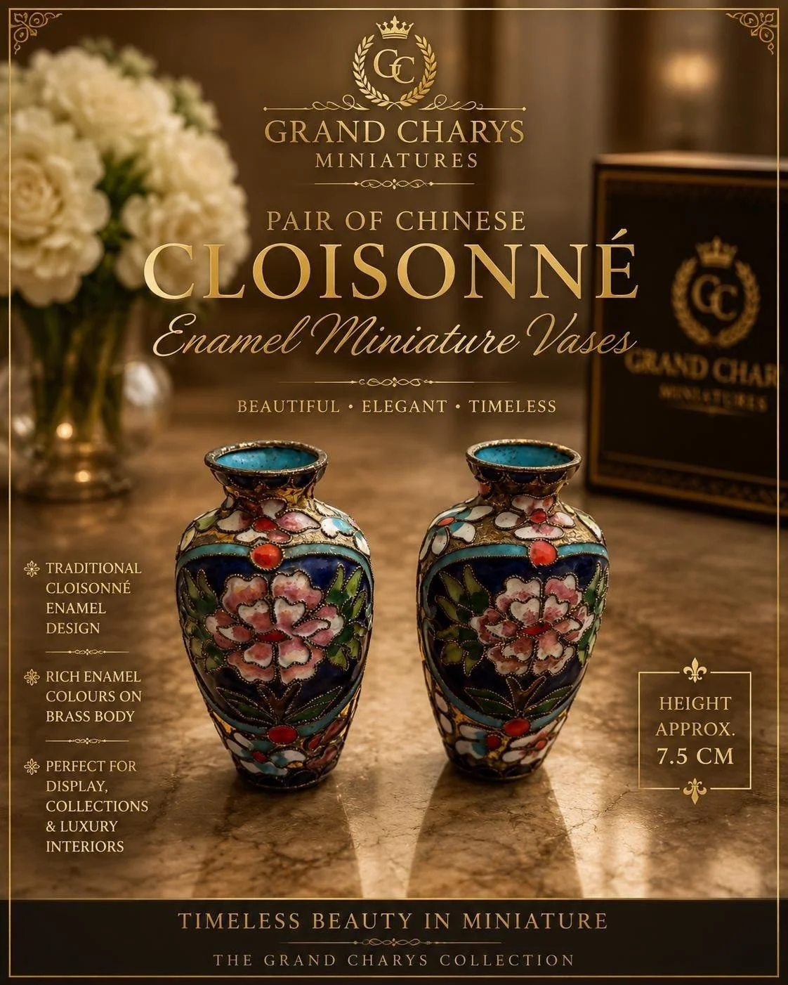 Pair of Chinese Cloisonné Enamel Miniature Vases 7.5cm Floral Brass Collectables